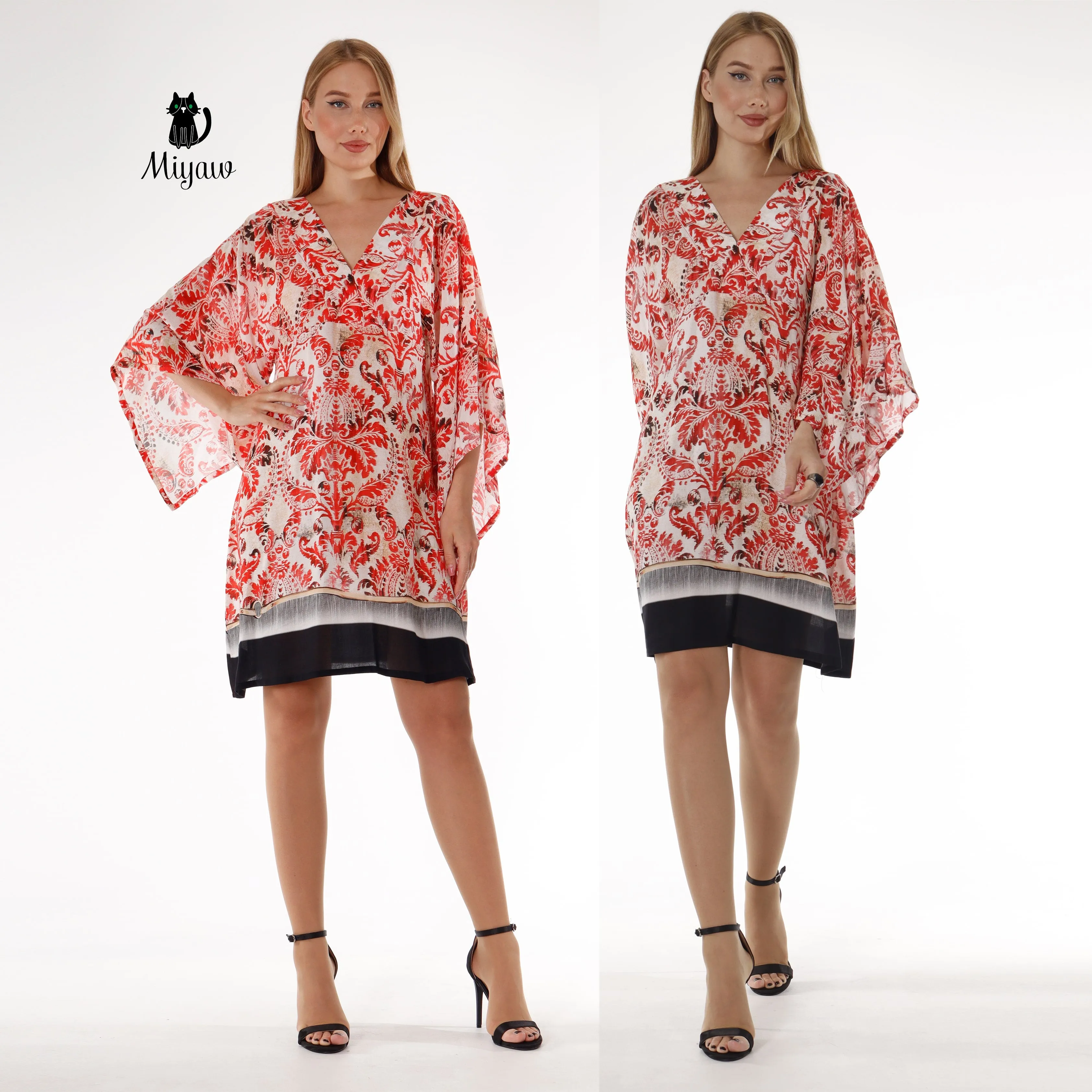 Red Abstract Print Mini Dress | 3/4 Sleeve Resort Wear sold by Miyaw Fashion product image thumbnail 3