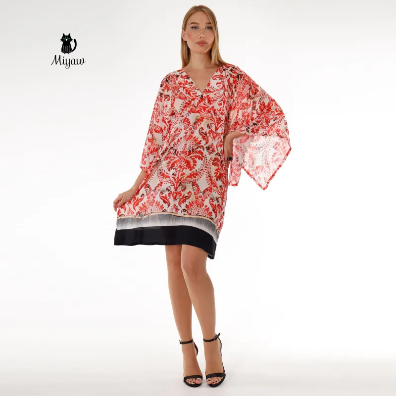 Red Abstract Print Mini Dress | 3/4 Sleeve Resort Wear sold by Miyaw Fashion