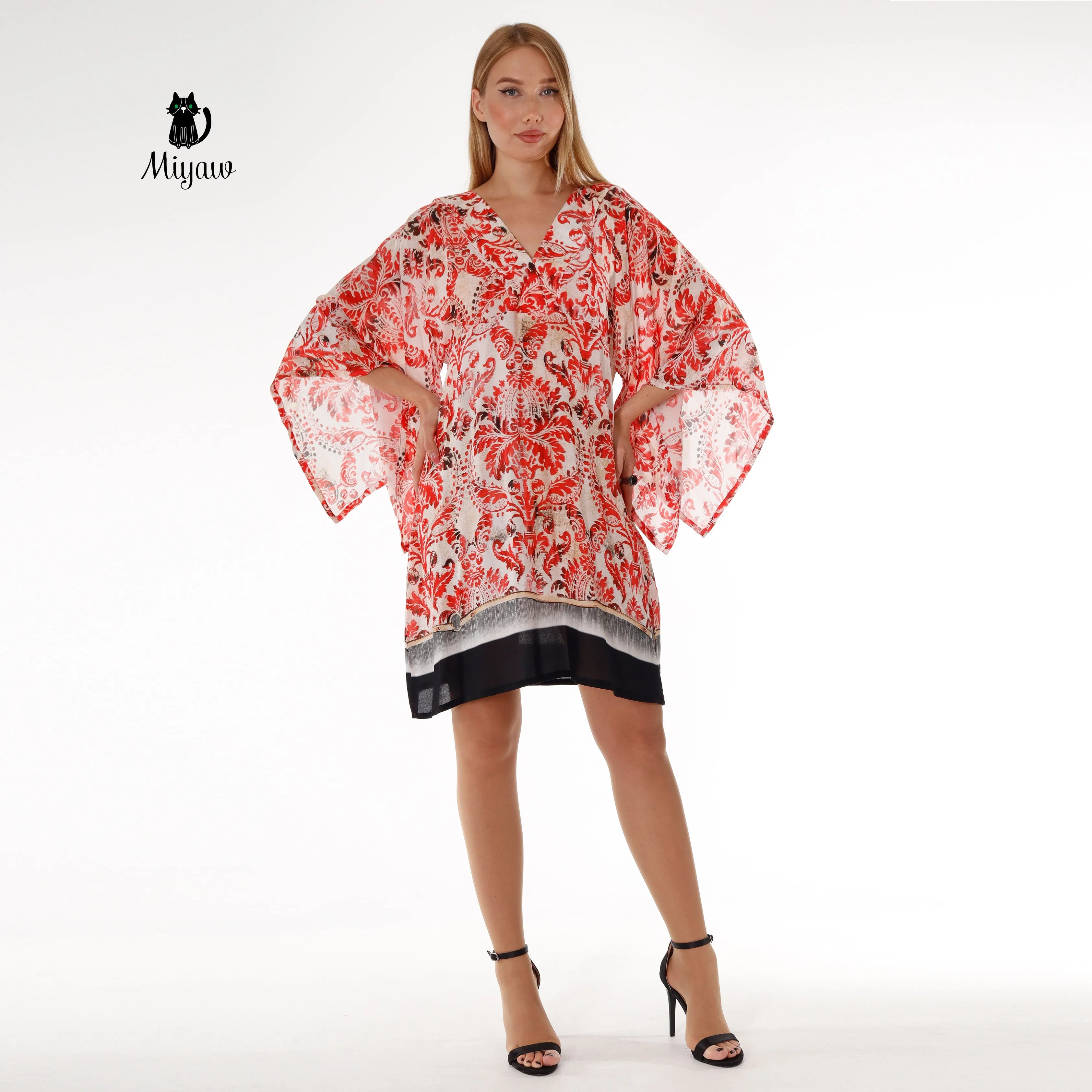 Red Abstract Print Mini Dress | 3/4 Sleeve Resort Wear sold by Miyaw Fashion product image thumbnail 5
