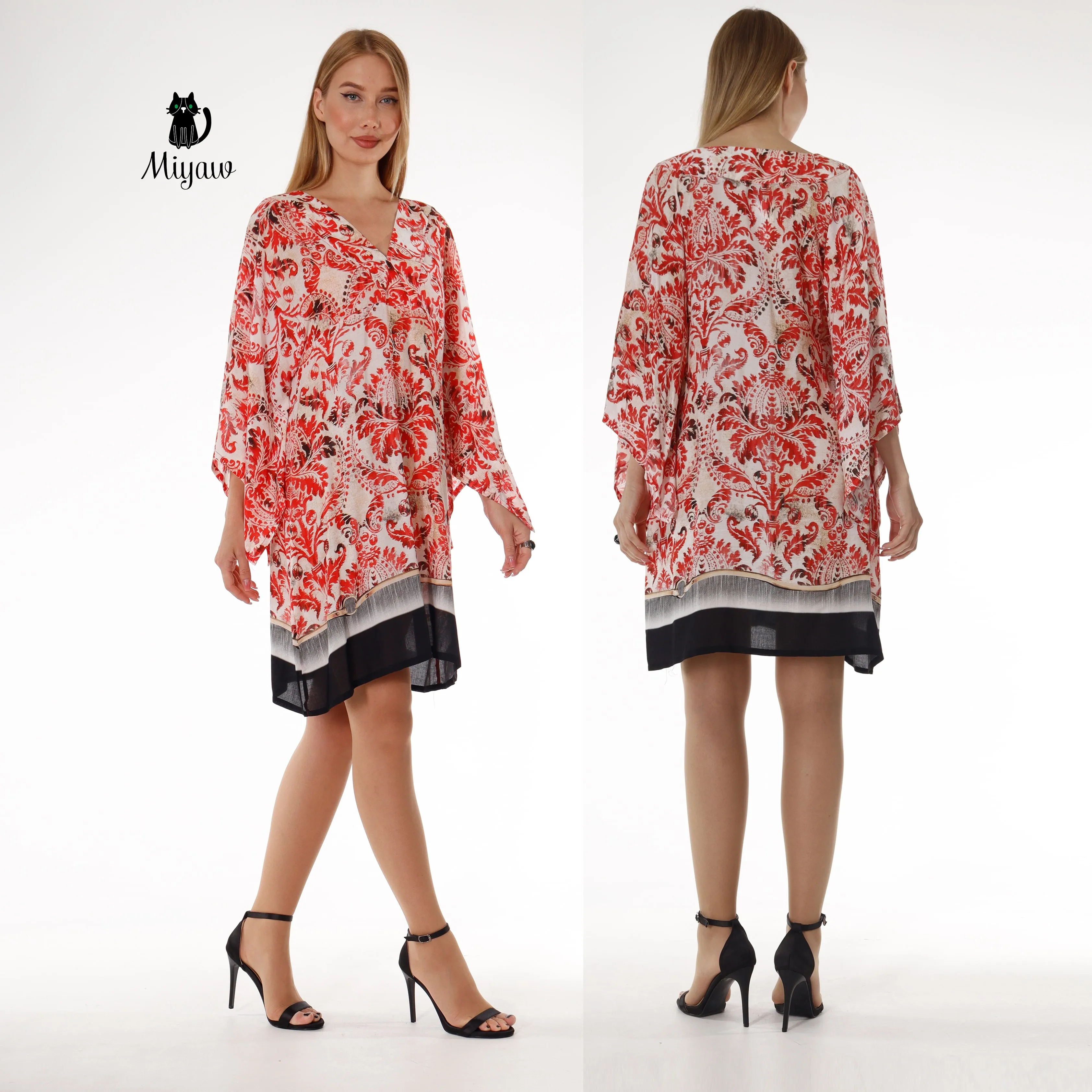 Red Abstract Print Mini Dress | 3/4 Sleeve Resort Wear sold by Miyaw Fashion product image thumbnail 2