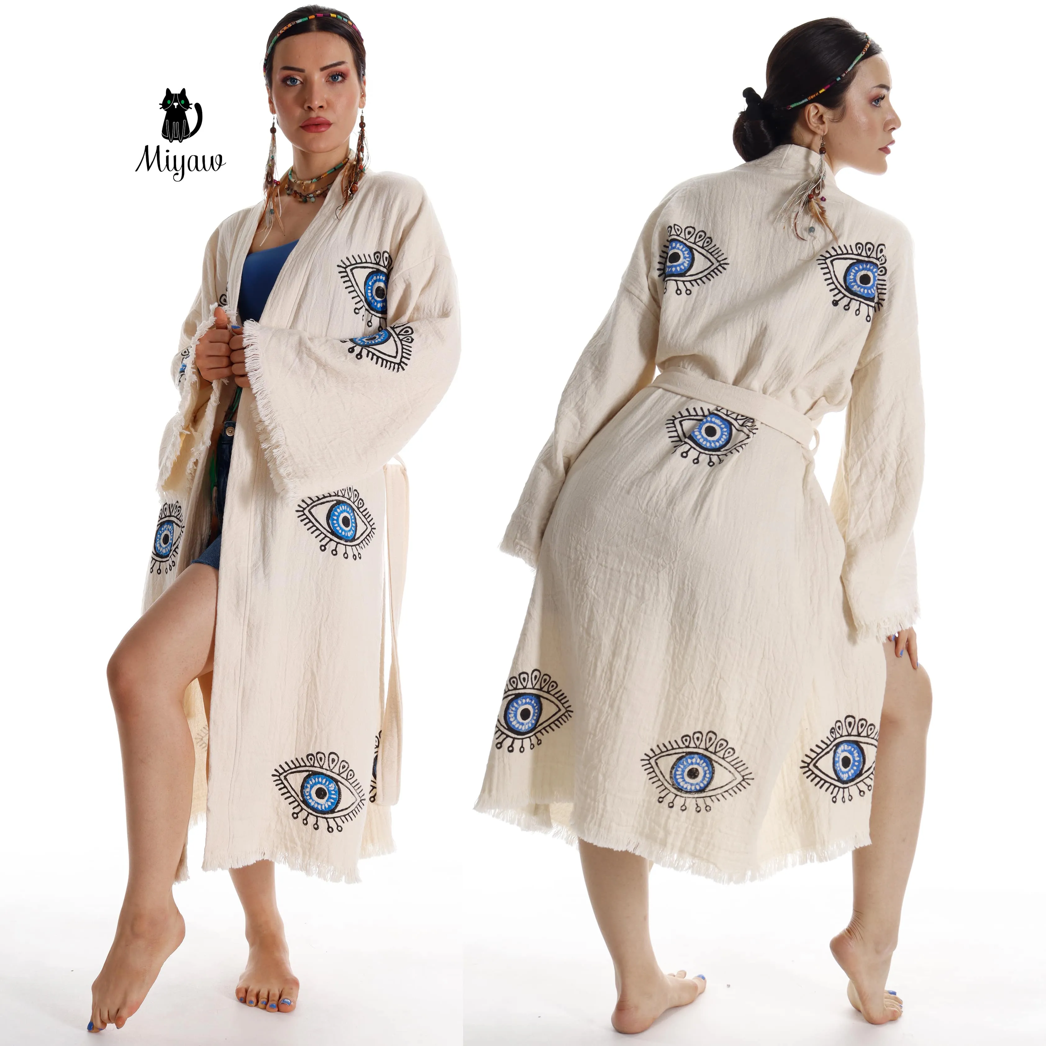 Organic Cotton Boho Beach Kimono Robe with Blue Eye Stamping sold by Miyaw Fashion product image thumbnail 3