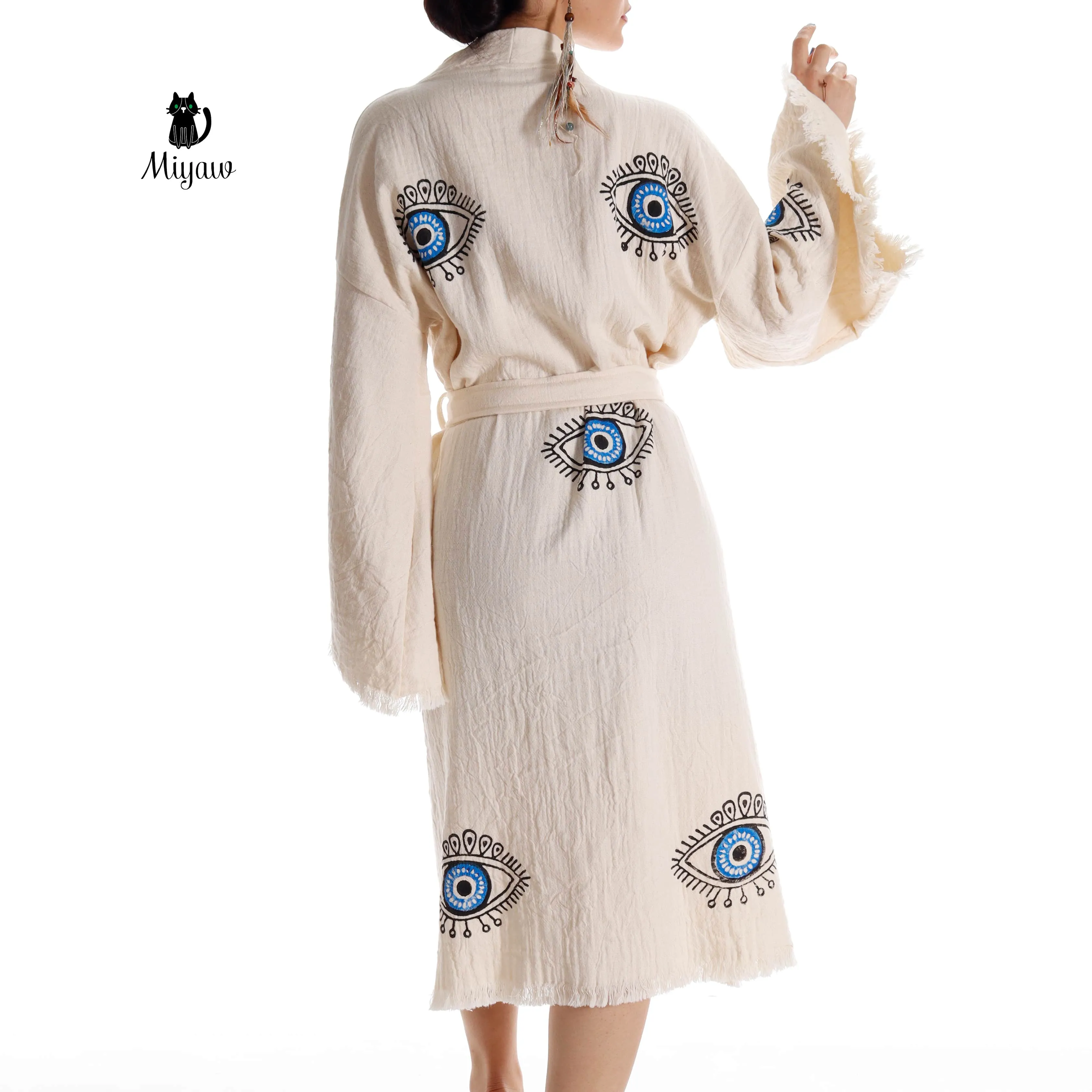 Organic Cotton Boho Beach Kimono Robe with Blue Eye Stamping sold by Miyaw Fashion product image thumbnail 2