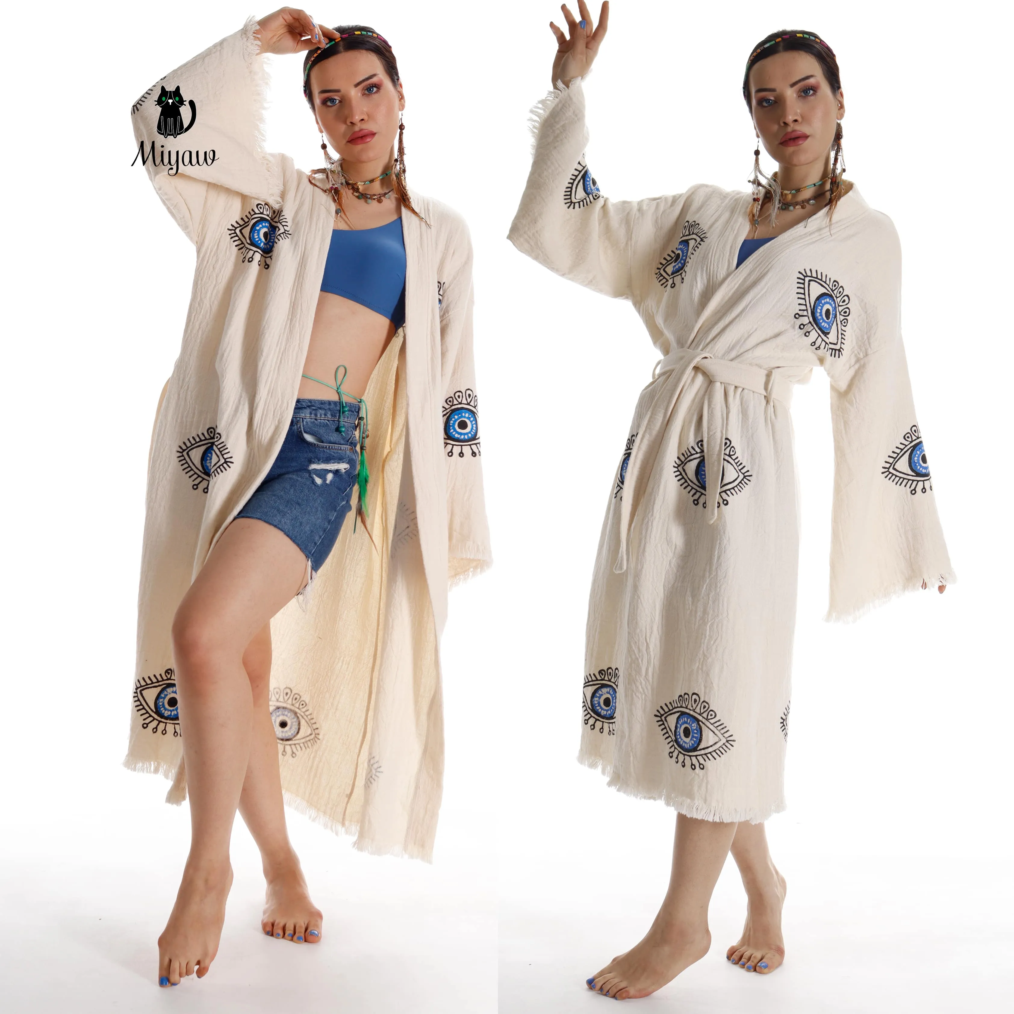 Organic Cotton Boho Beach Kimono Robe with Blue Eye Stamping sold by Miyaw Fashion product image thumbnail 5