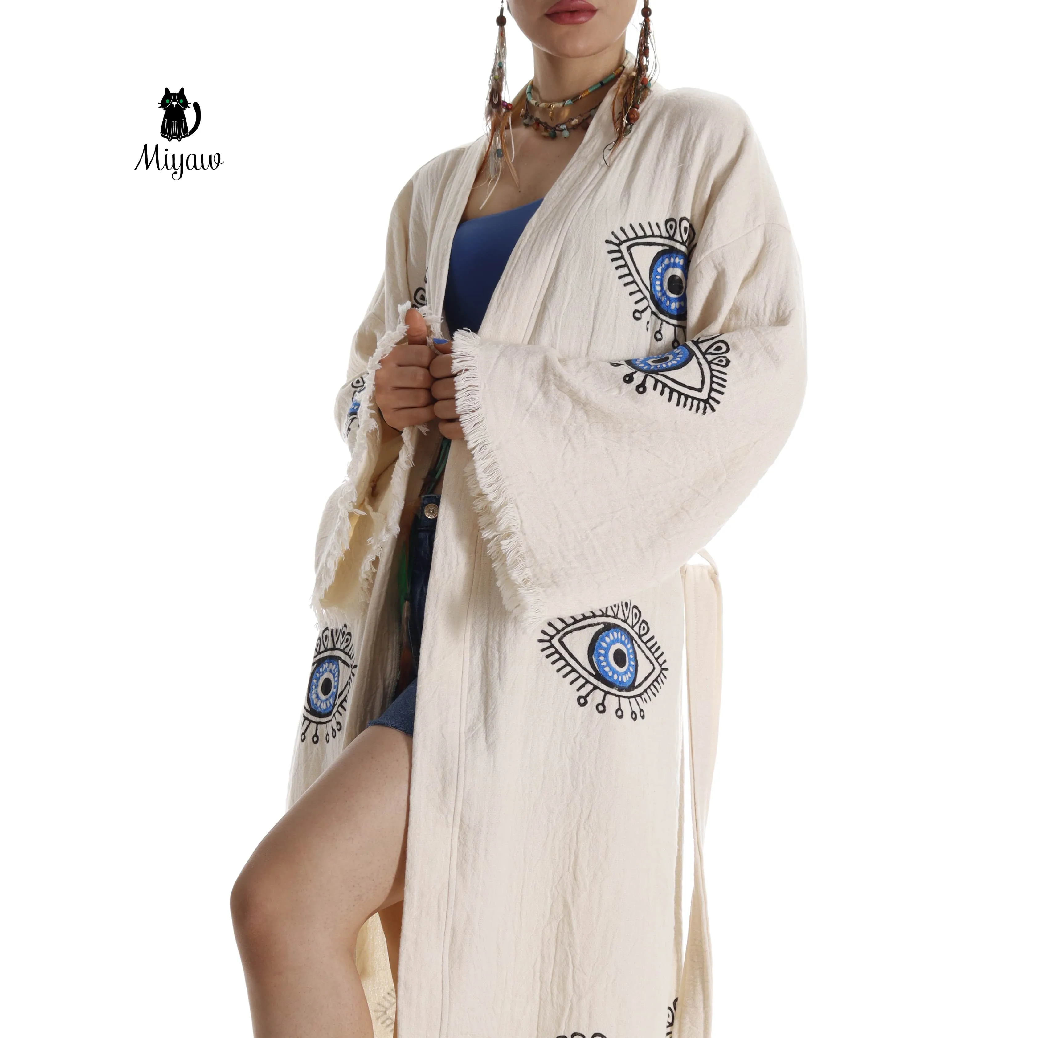 Organic Cotton Boho Beach Kimono Robe with Blue Eye Stamping sold by Miyaw Fashion