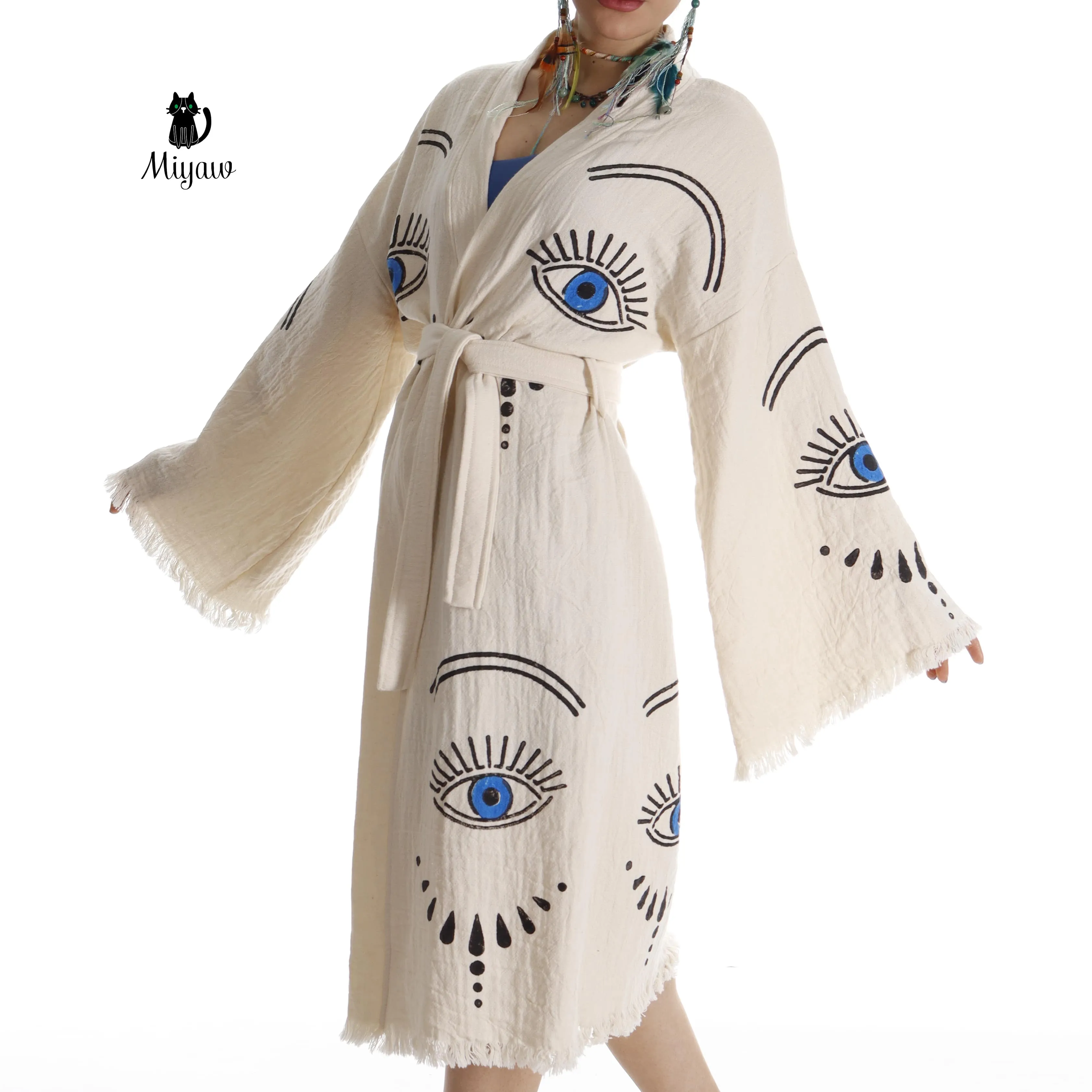 Long Sleeve Boho Beach Kimono Robe made of Organic Cotton sold by Miyaw Fashion product image thumbnail 4