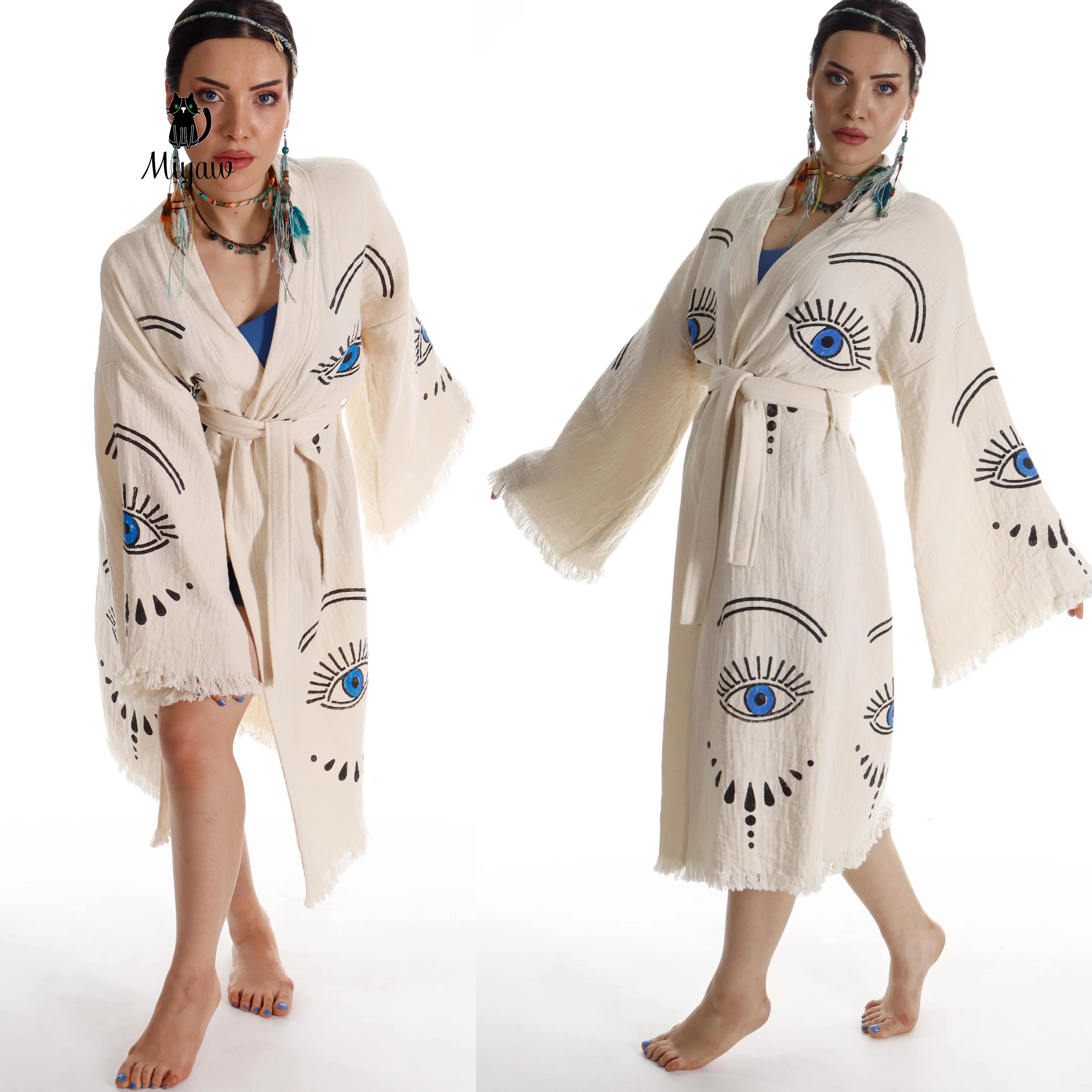 Long Sleeve Boho Beach Kimono Robe made of Organic Cotton sold by Miyaw Fashion