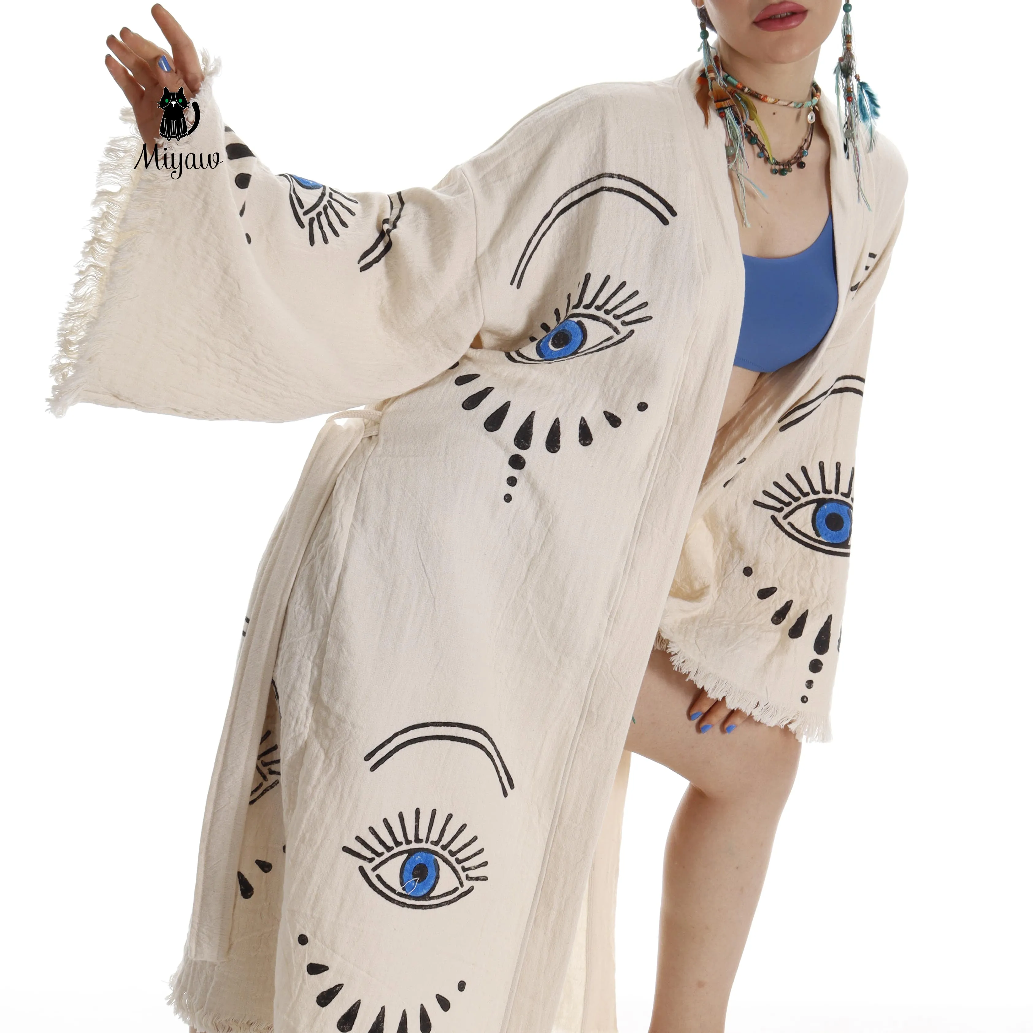 Long Sleeve Boho Beach Kimono Robe made of Organic Cotton sold by Miyaw Fashion product image thumbnail 3