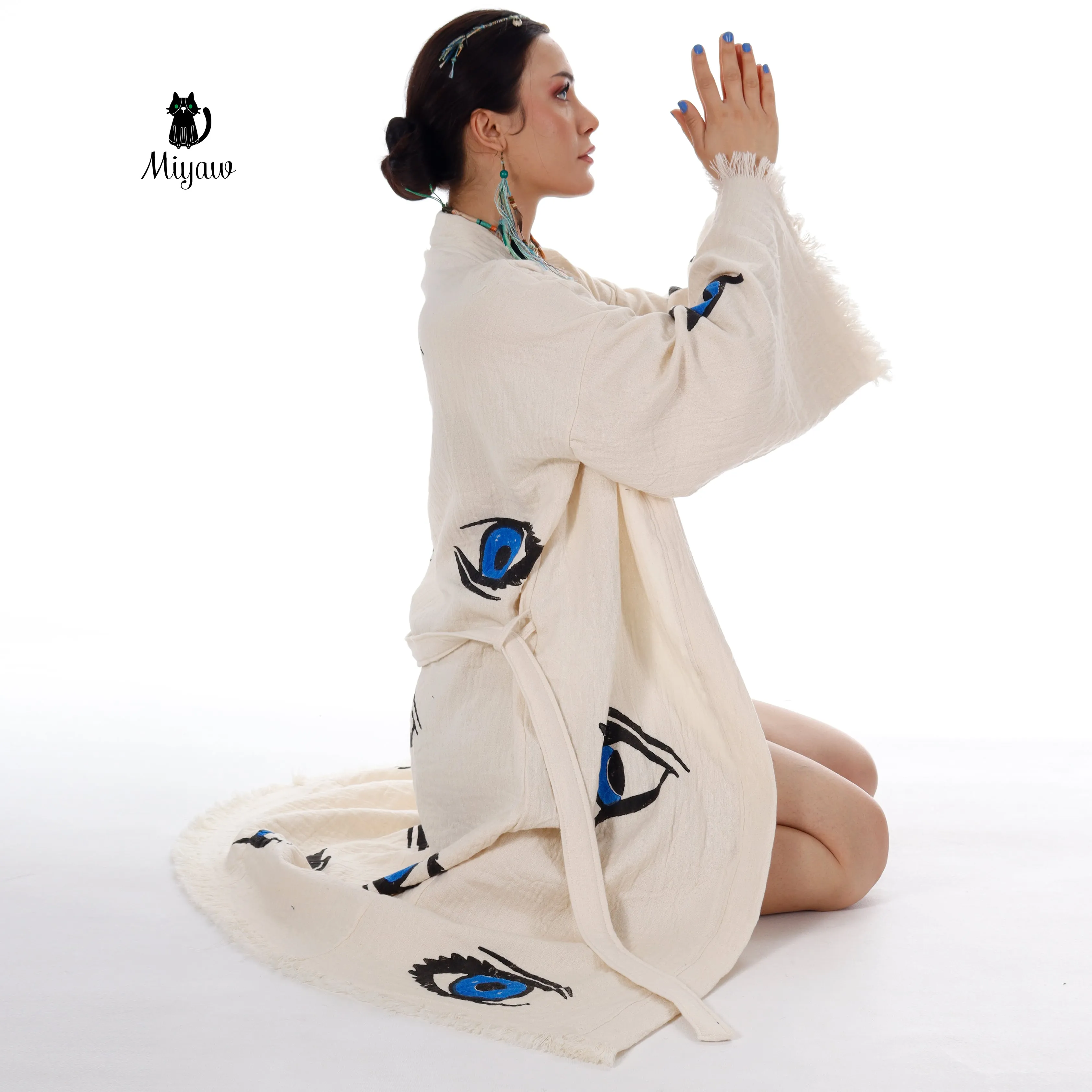 Organic Cotton Beach Kimono Robe with Handmade Blue Eye Stamp - Boho Chic Cover-Up sold by Miyaw Fashion product image thumbnail 5