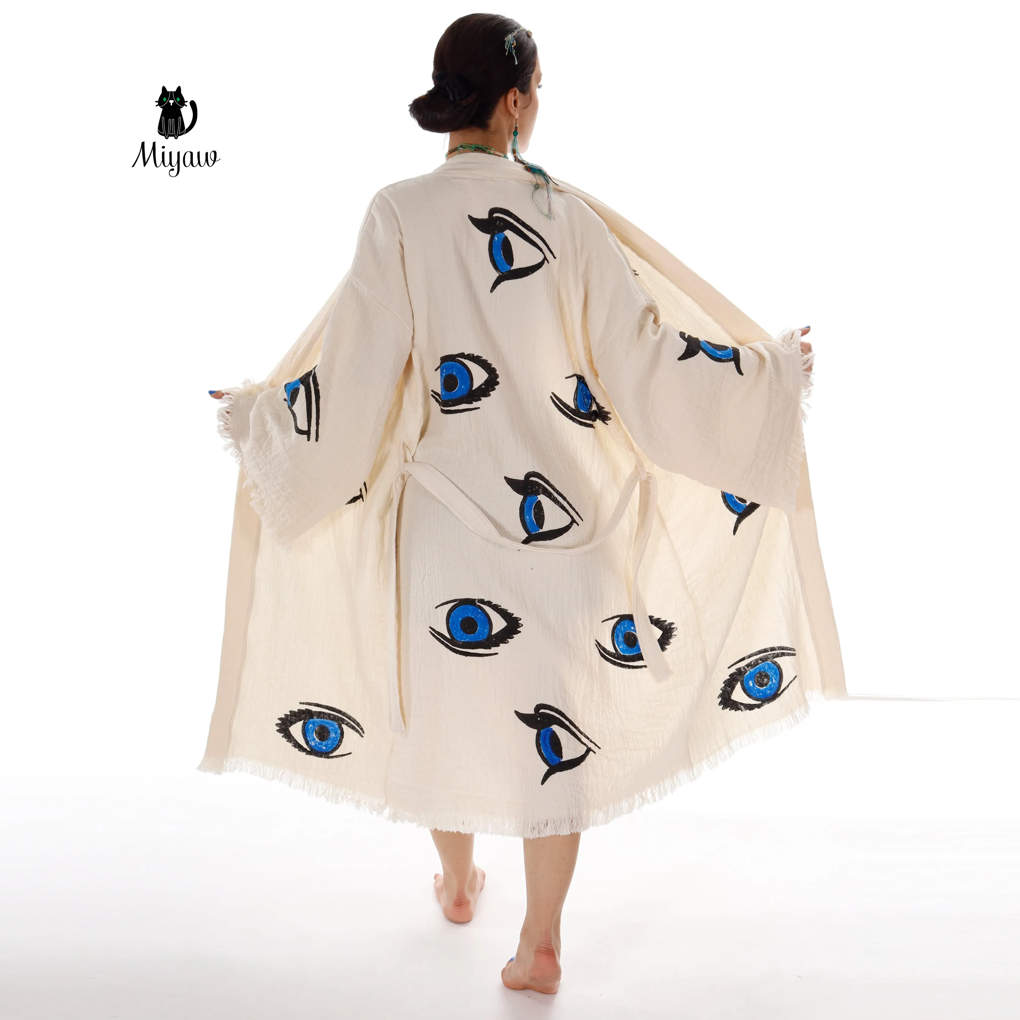 Organic Cotton Beach Kimono Robe with Handmade Blue Eye Stamp - Boho Chic Cover-Up sold by Miyaw Fashion product image thumbnail 2