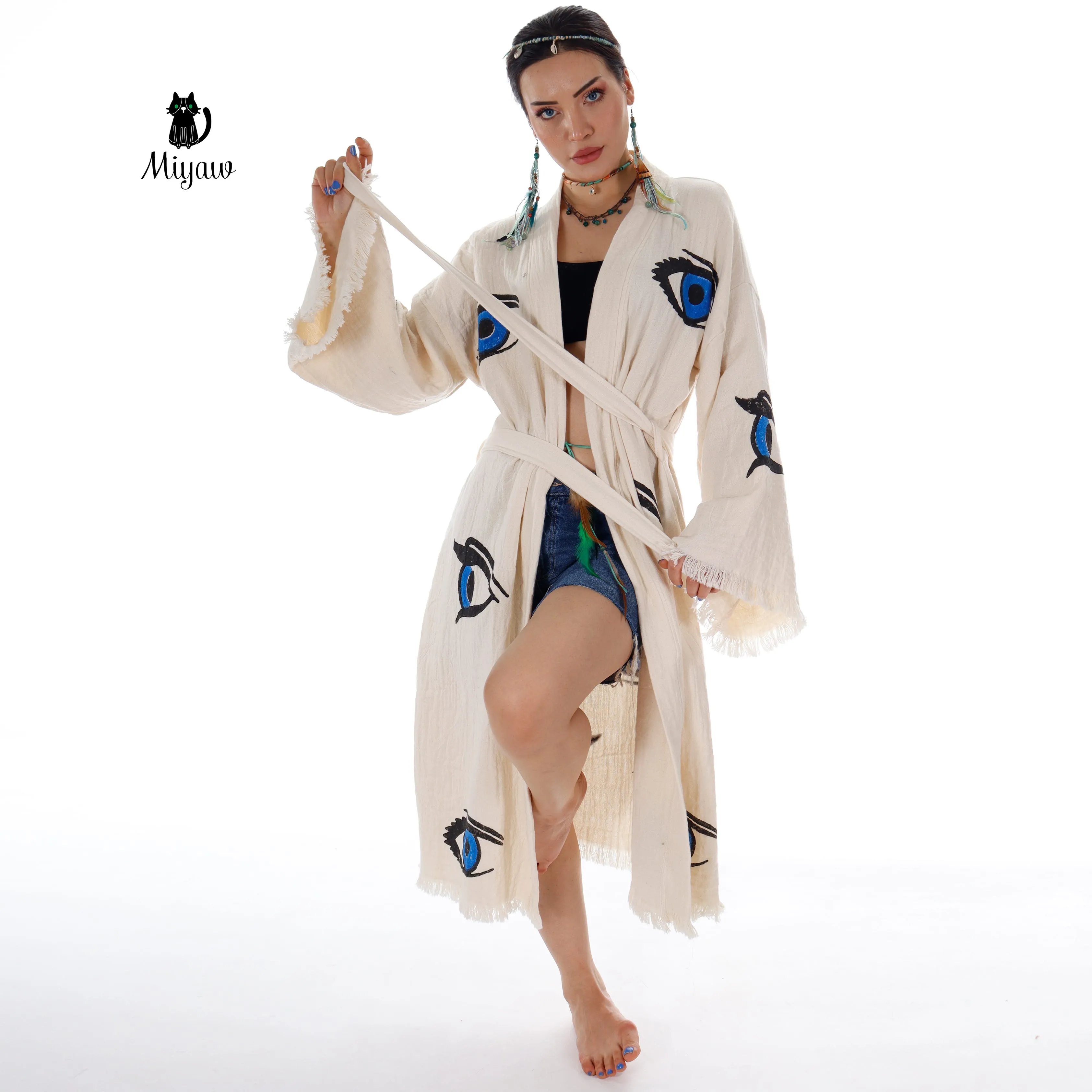 Organic Cotton Beach Kimono Robe with Handmade Blue Eye Stamp - Boho Chic Cover-Up sold by Miyaw Fashion product image thumbnail 3