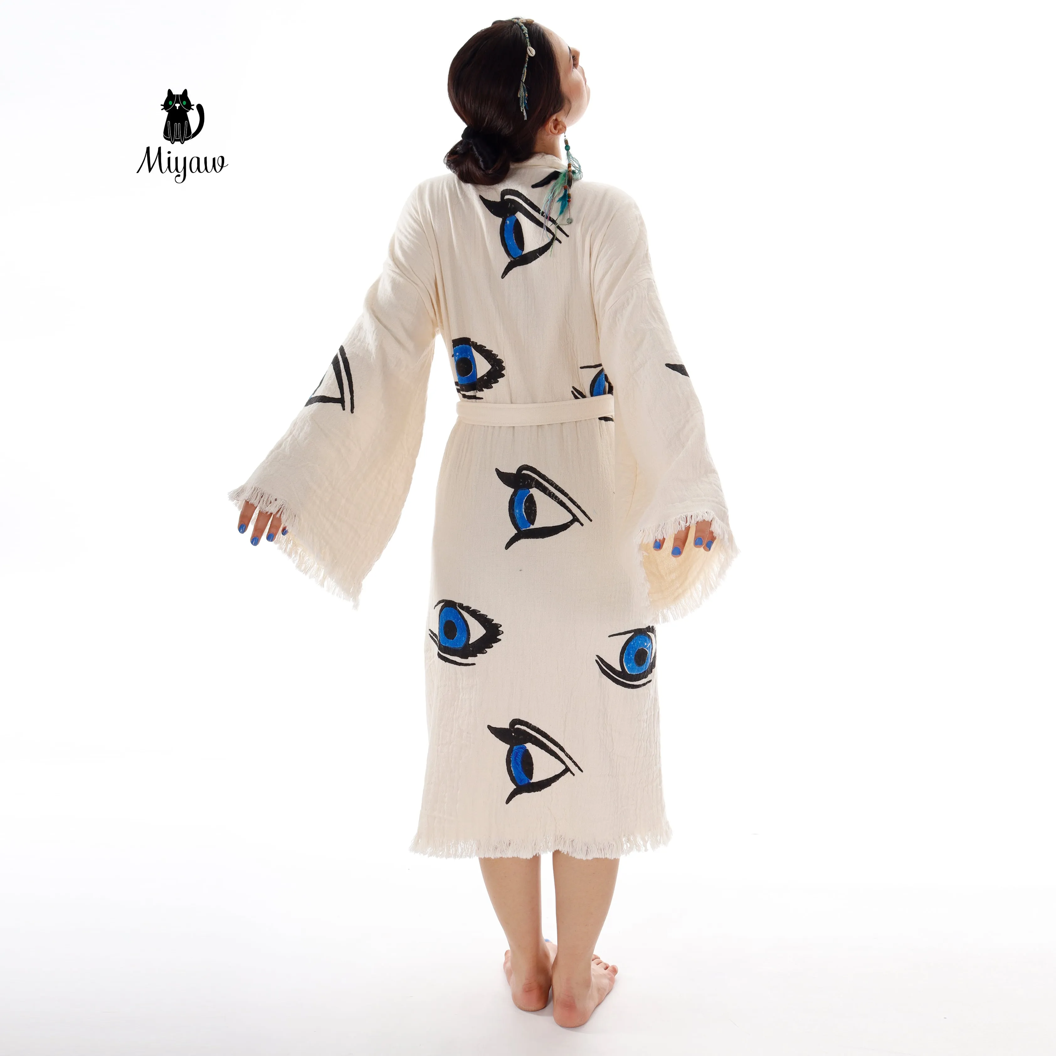 Organic Cotton Beach Kimono Robe with Handmade Blue Eye Stamp - Boho Chic Cover-Up sold by Miyaw Fashion product image thumbnail 4