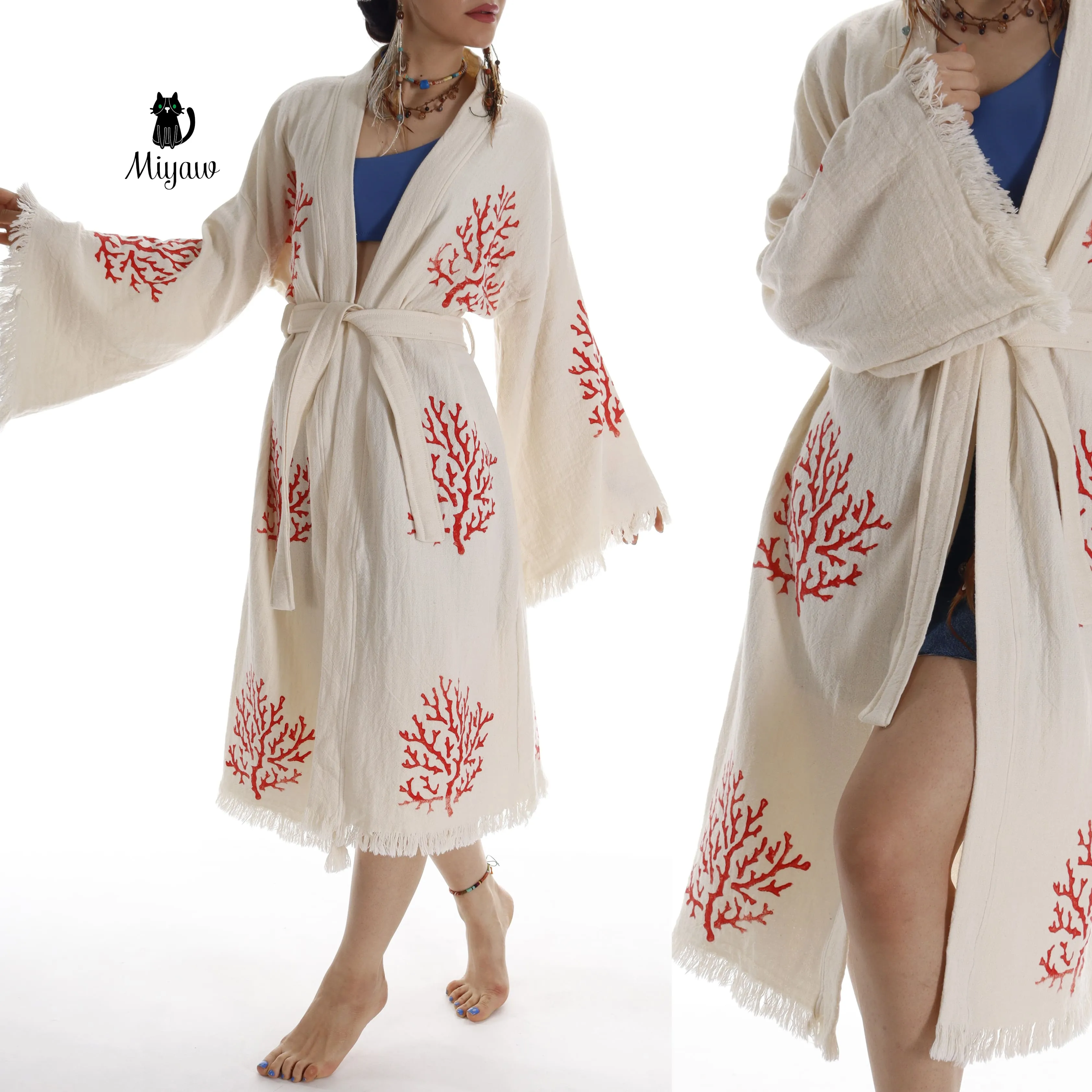 Organic Cotton Red Sea Coral Beach Kimono: Eco-Friendly Handmade Robe sold by Miyaw Fashion