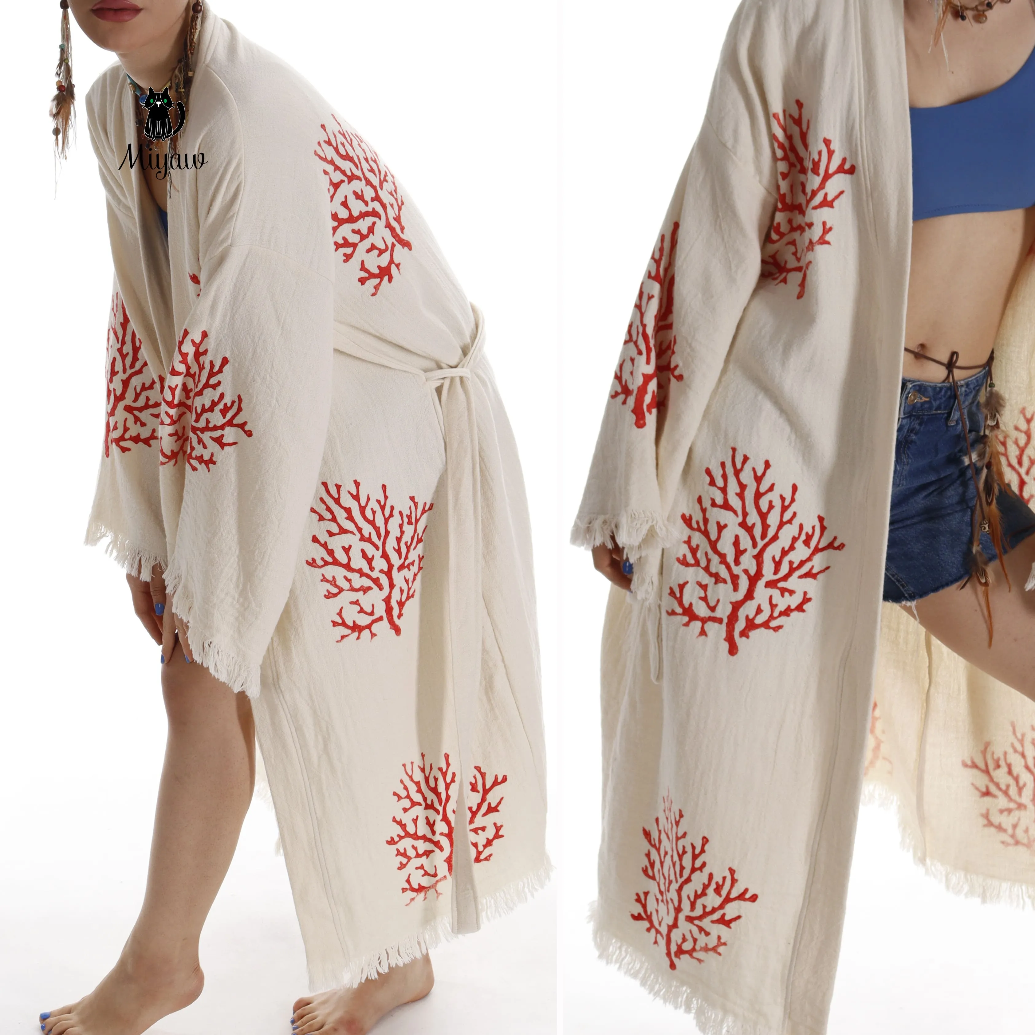 Organic Cotton Red Sea Coral Beach Kimono: Eco-Friendly Handmade Robe sold by Miyaw Fashion product image thumbnail 5