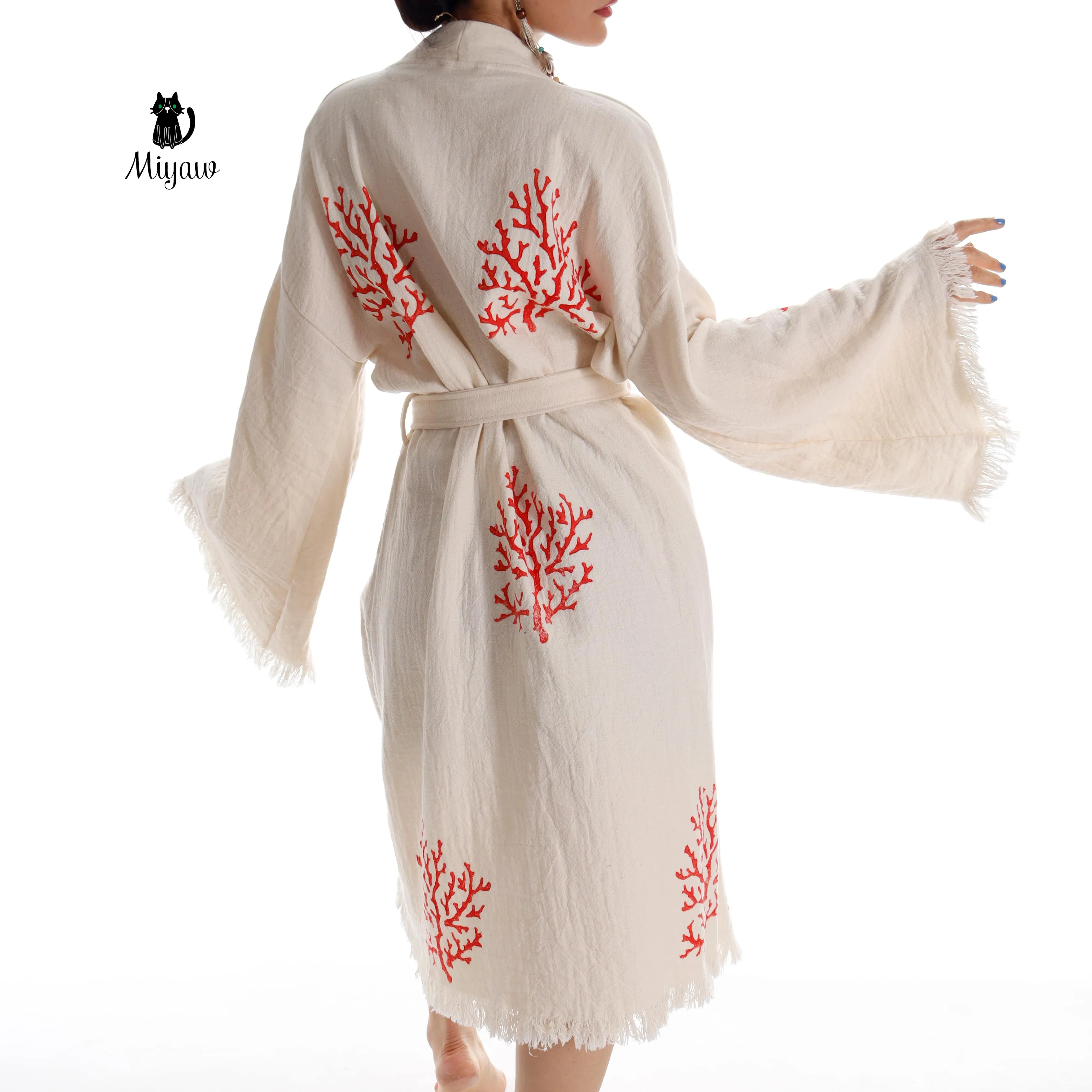 Organic Cotton Red Sea Coral Beach Kimono: Eco-Friendly Handmade Robe sold by Miyaw Fashion product image thumbnail 3