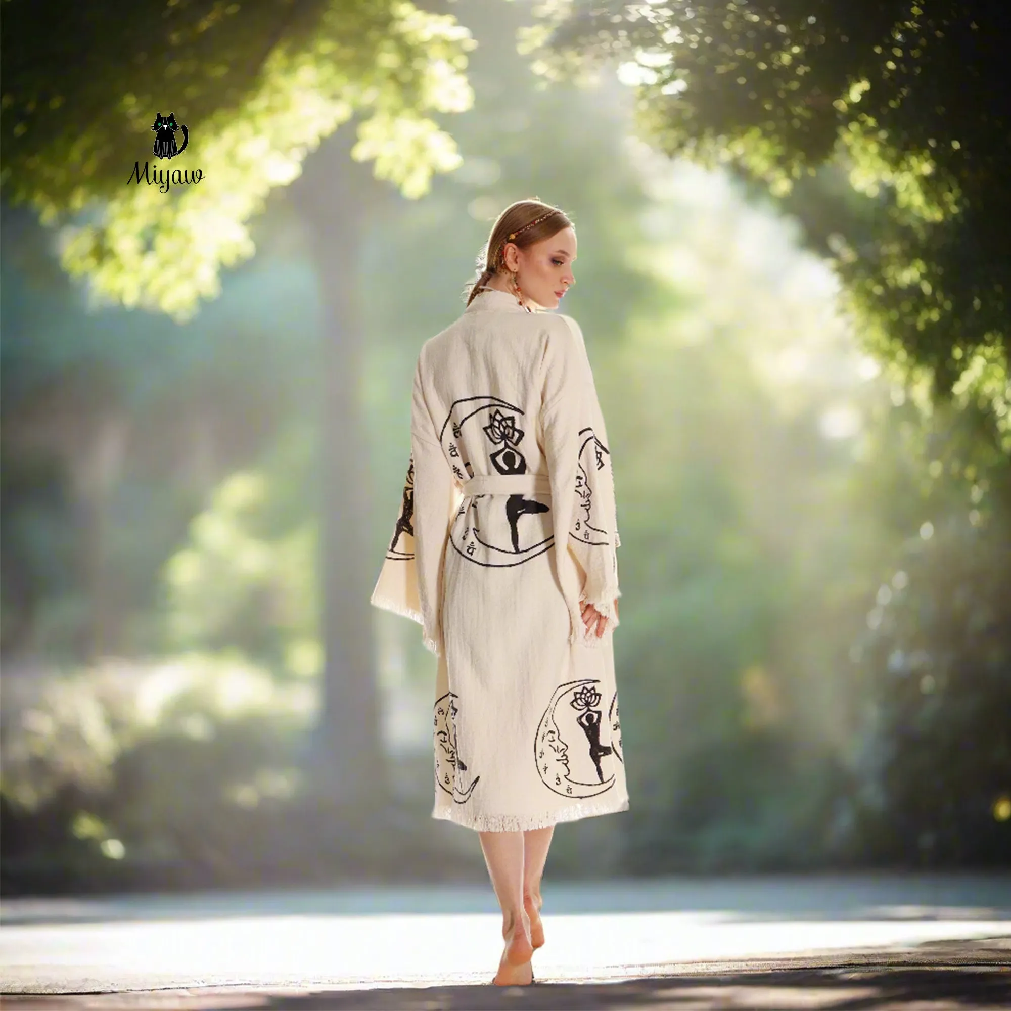Boho Cotton Kimono Robe – Yoga Girl & Moon Stamp, Organic Loungewear sold by Miyaw Fashion