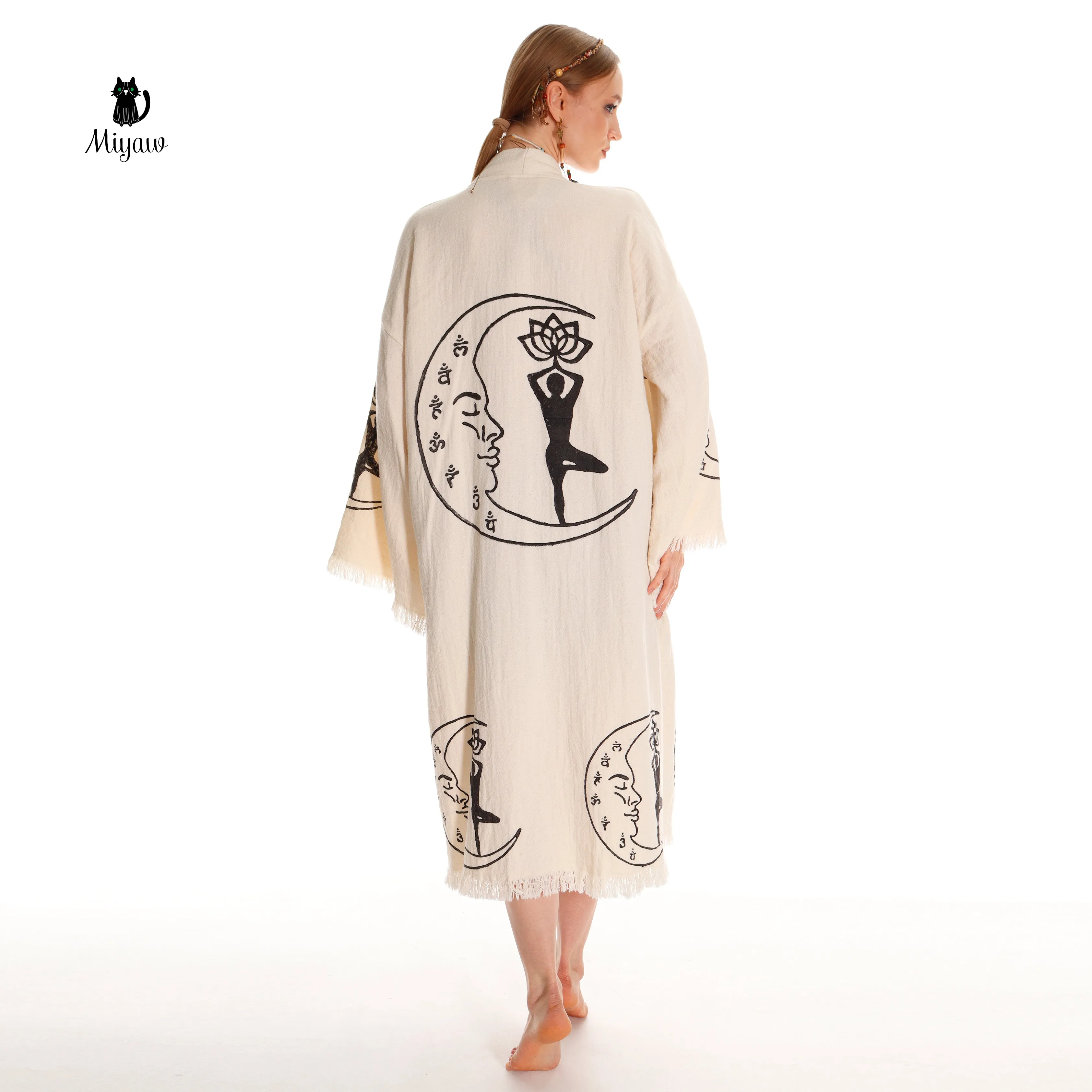 Boho Cotton Kimono Robe – Yoga Girl & Moon Stamp, Organic Loungewear sold by Miyaw Fashion product image thumbnail 5