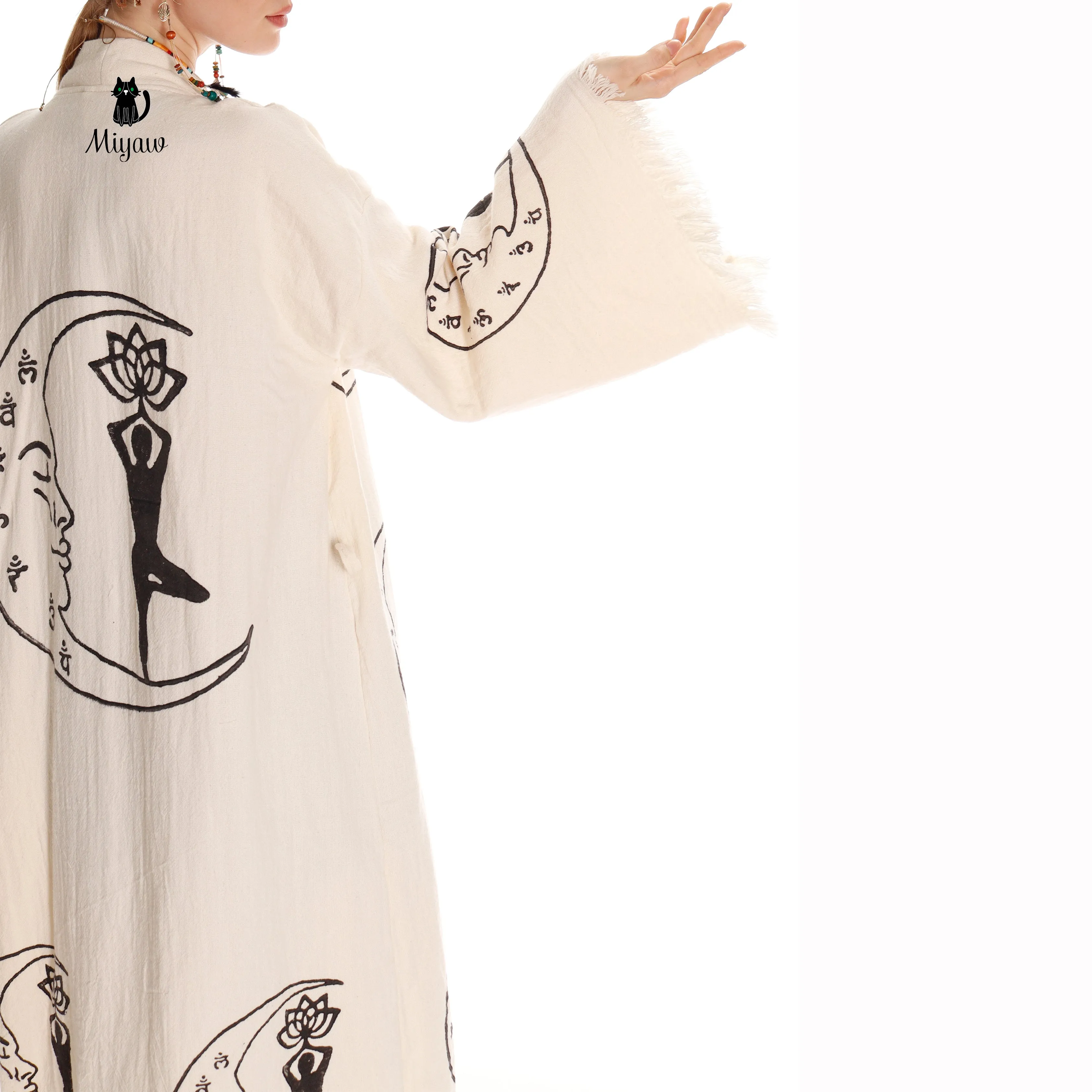 Boho Cotton Kimono Robe – Yoga Girl & Moon Stamp, Organic Loungewear sold by Miyaw Fashion product image thumbnail 4