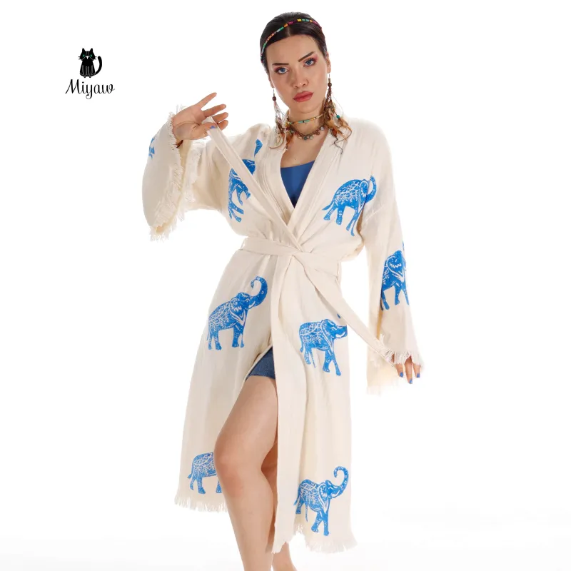 Ethically Made Organic Cotton Elephant Kimono for Beach Days and Mornings sold by Miyaw Fashion