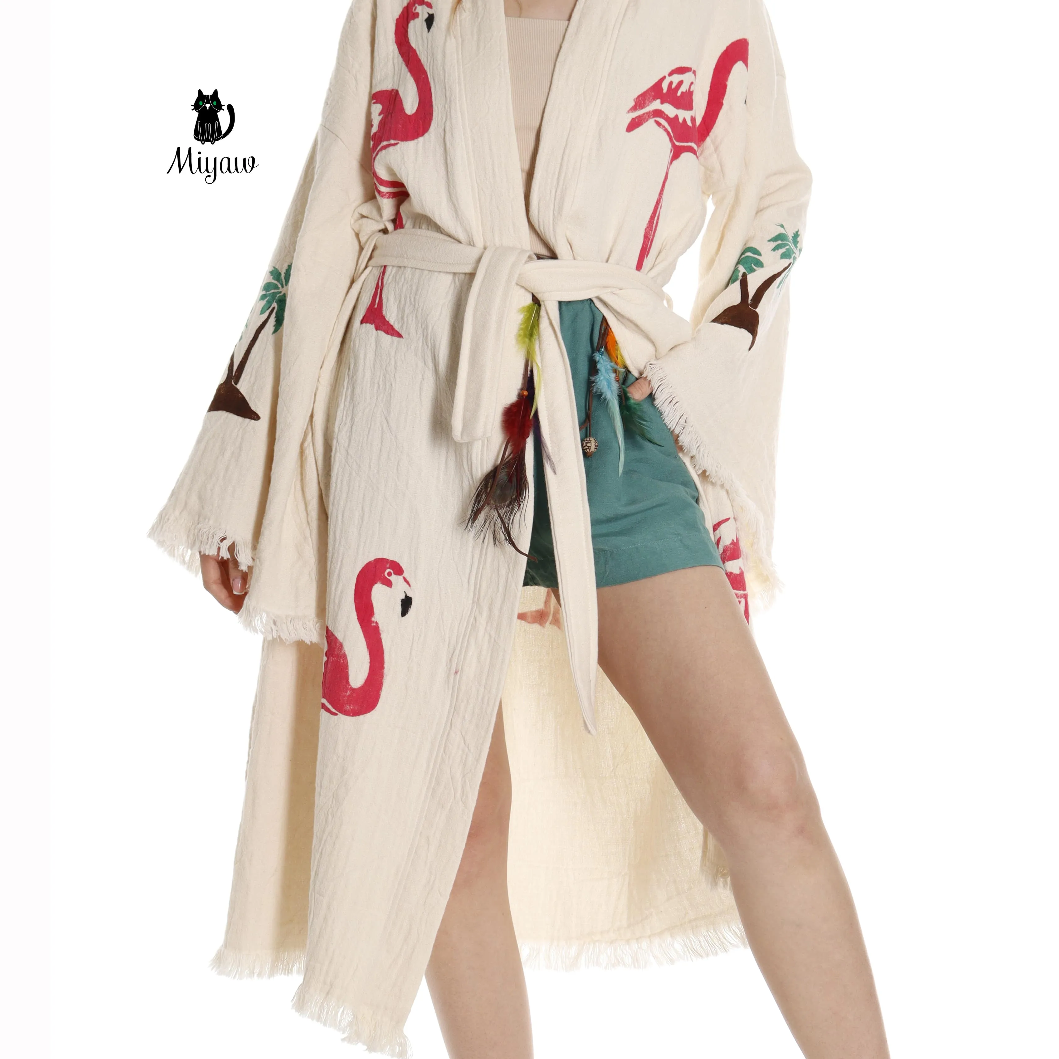 Handcrafted Organic Cotton Flamingo Print Kimono Robe - Beach Ready! sold by Miyaw Fashion product image thumbnail 4