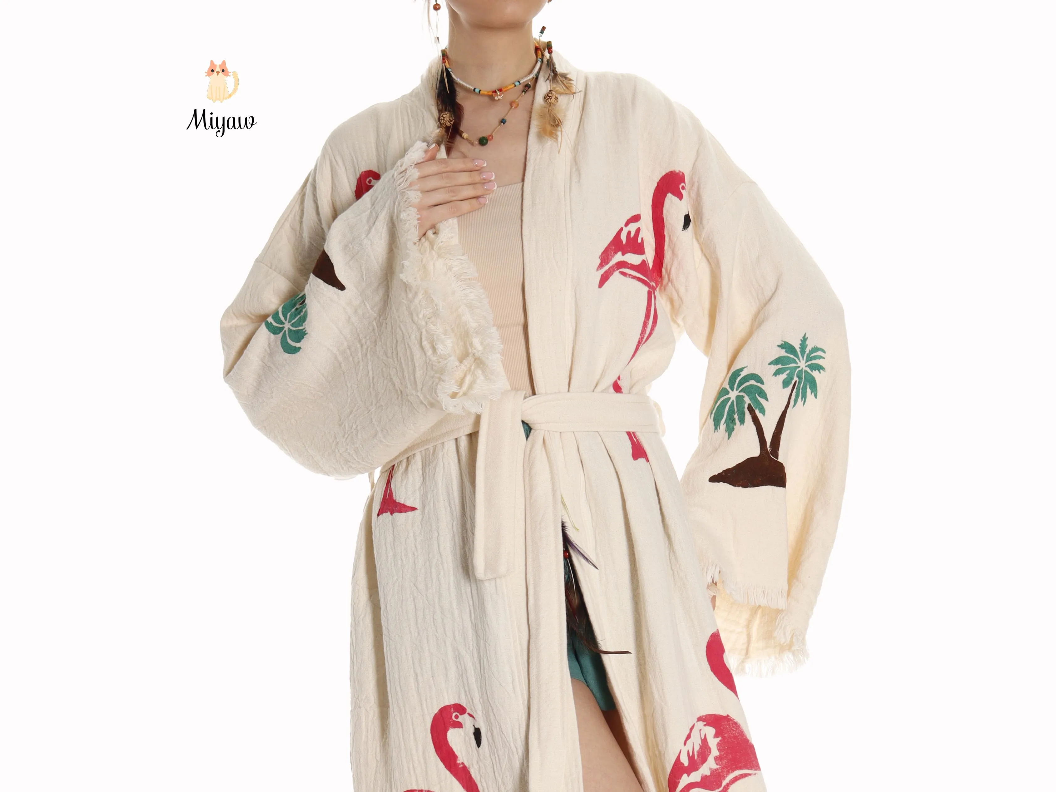 Handcrafted Organic Cotton Flamingo Print Kimono Robe - Beach Ready! sold by Miyaw Fashion product image thumbnail 5