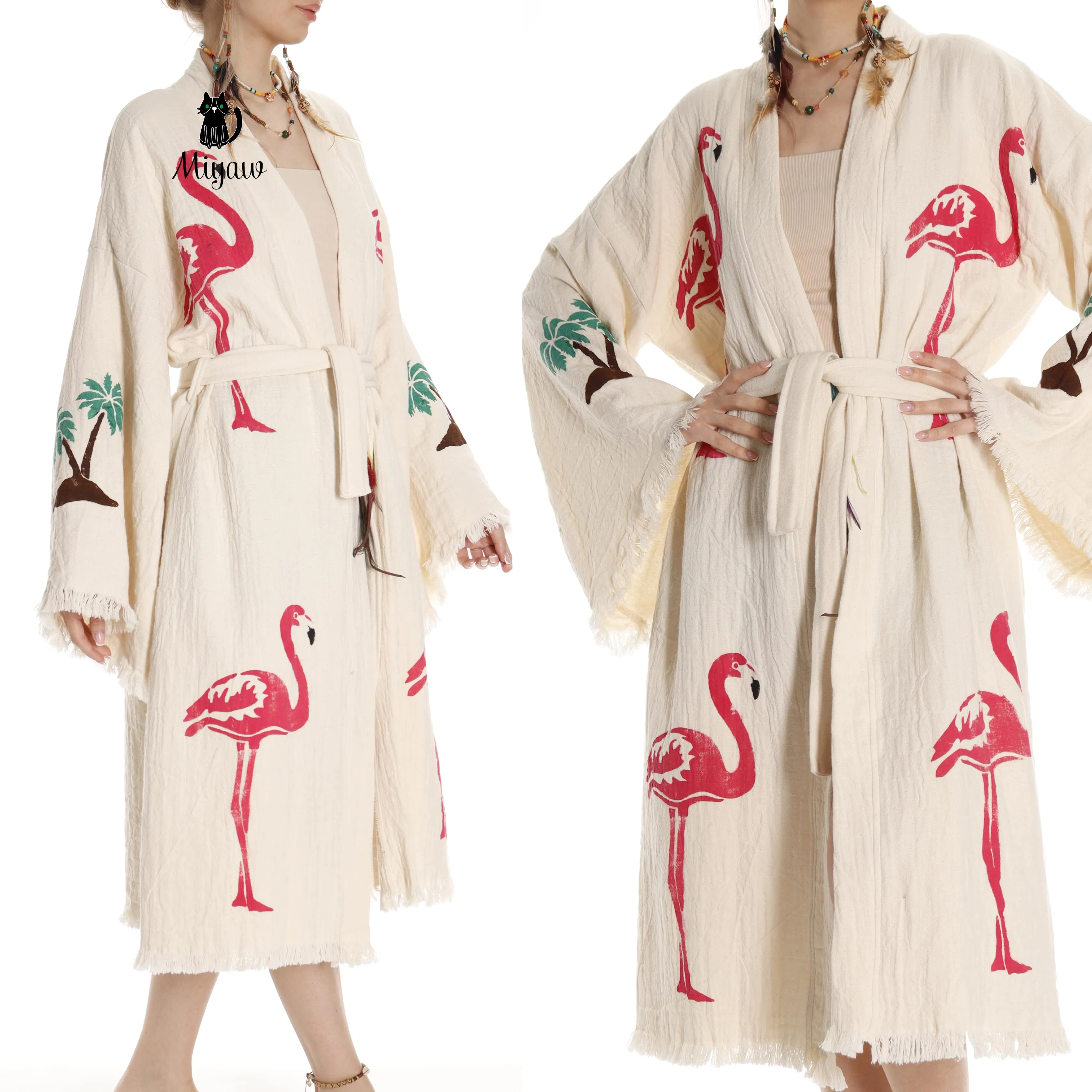 Handcrafted Organic Cotton Flamingo Print Kimono Robe - Beach Ready! sold by Miyaw Fashion product image thumbnail 3
