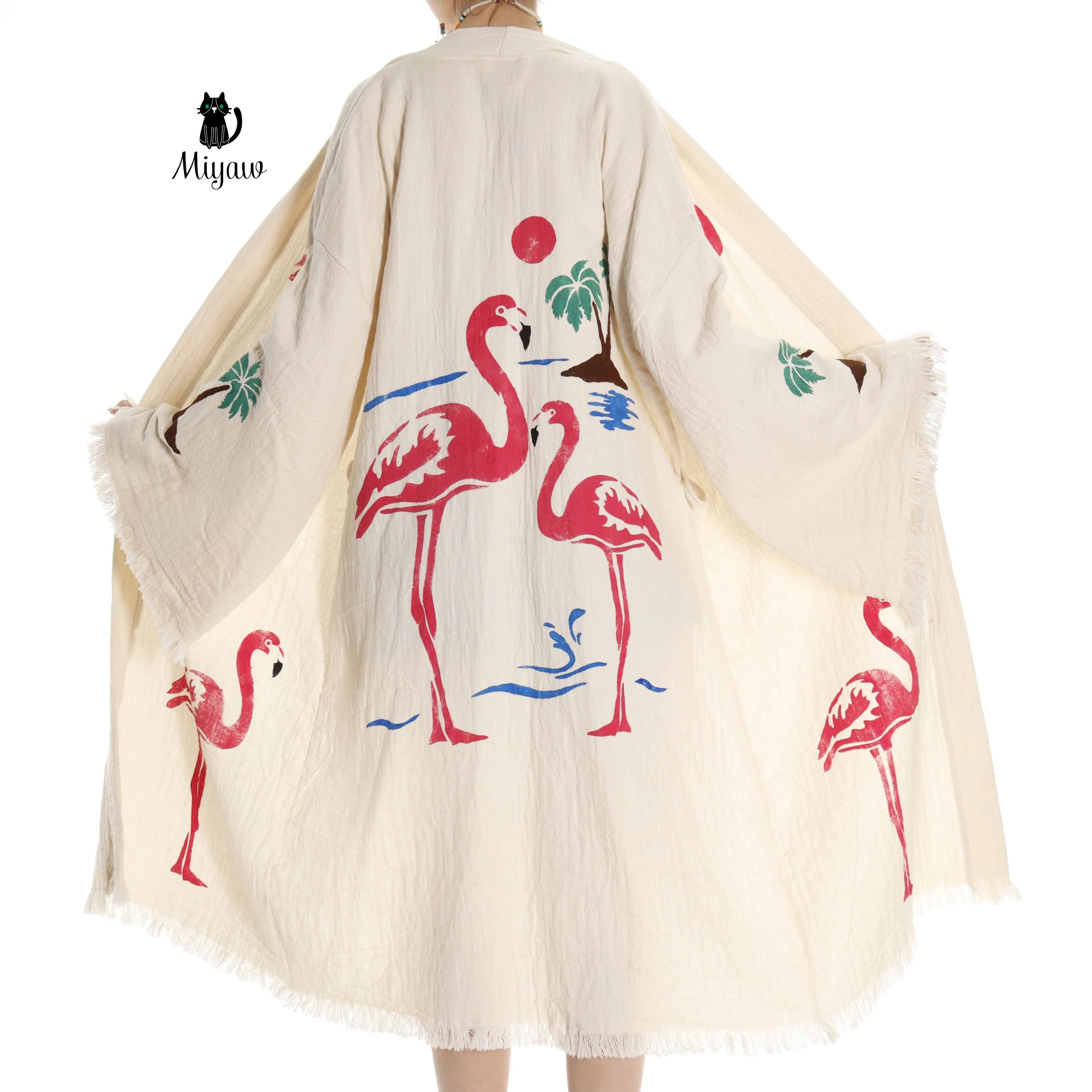 Handcrafted Organic Cotton Flamingo Print Kimono Robe - Beach Ready! sold by Miyaw Fashion