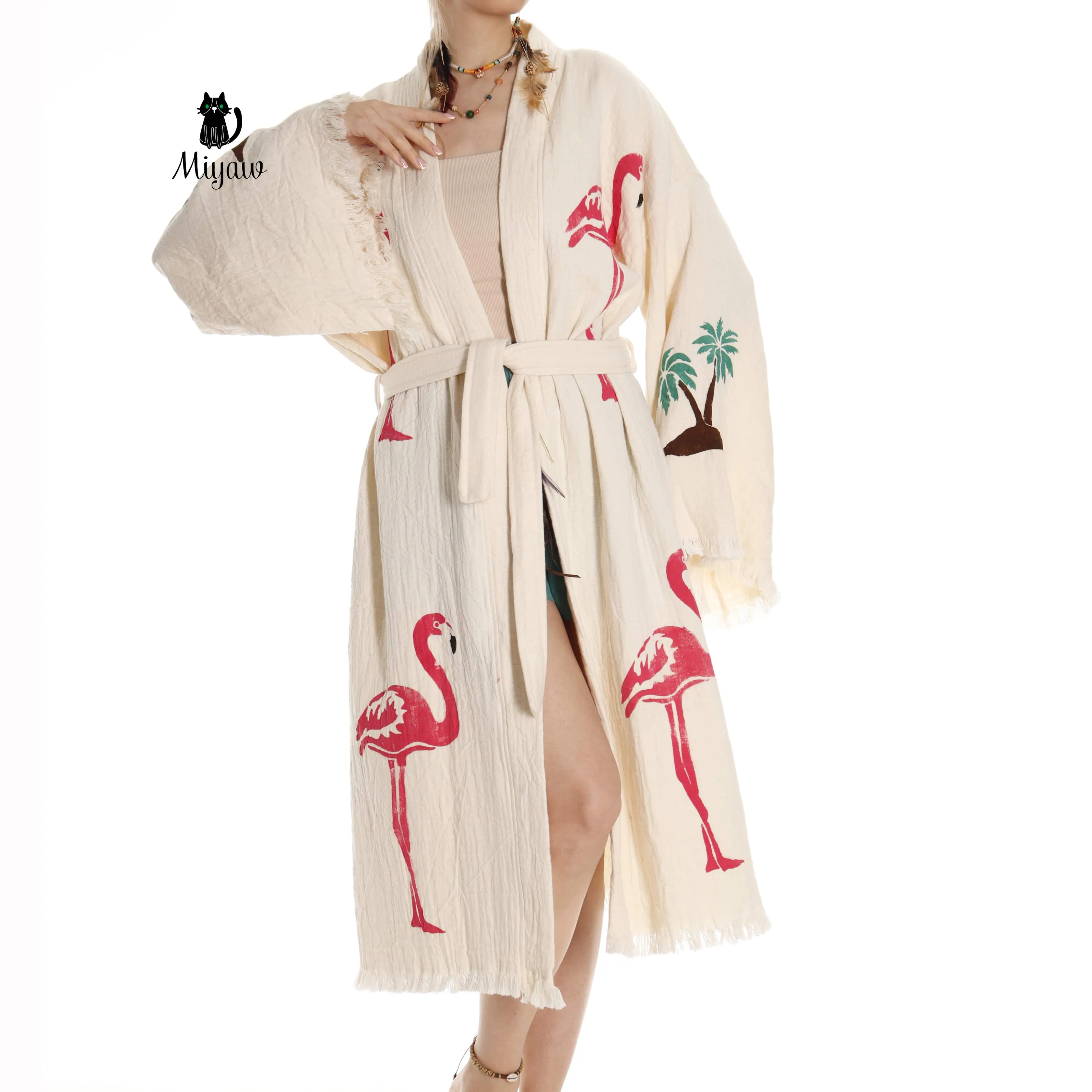 Handcrafted Organic Cotton Flamingo Print Kimono Robe - Beach Ready! sold by Miyaw Fashion product image thumbnail 2