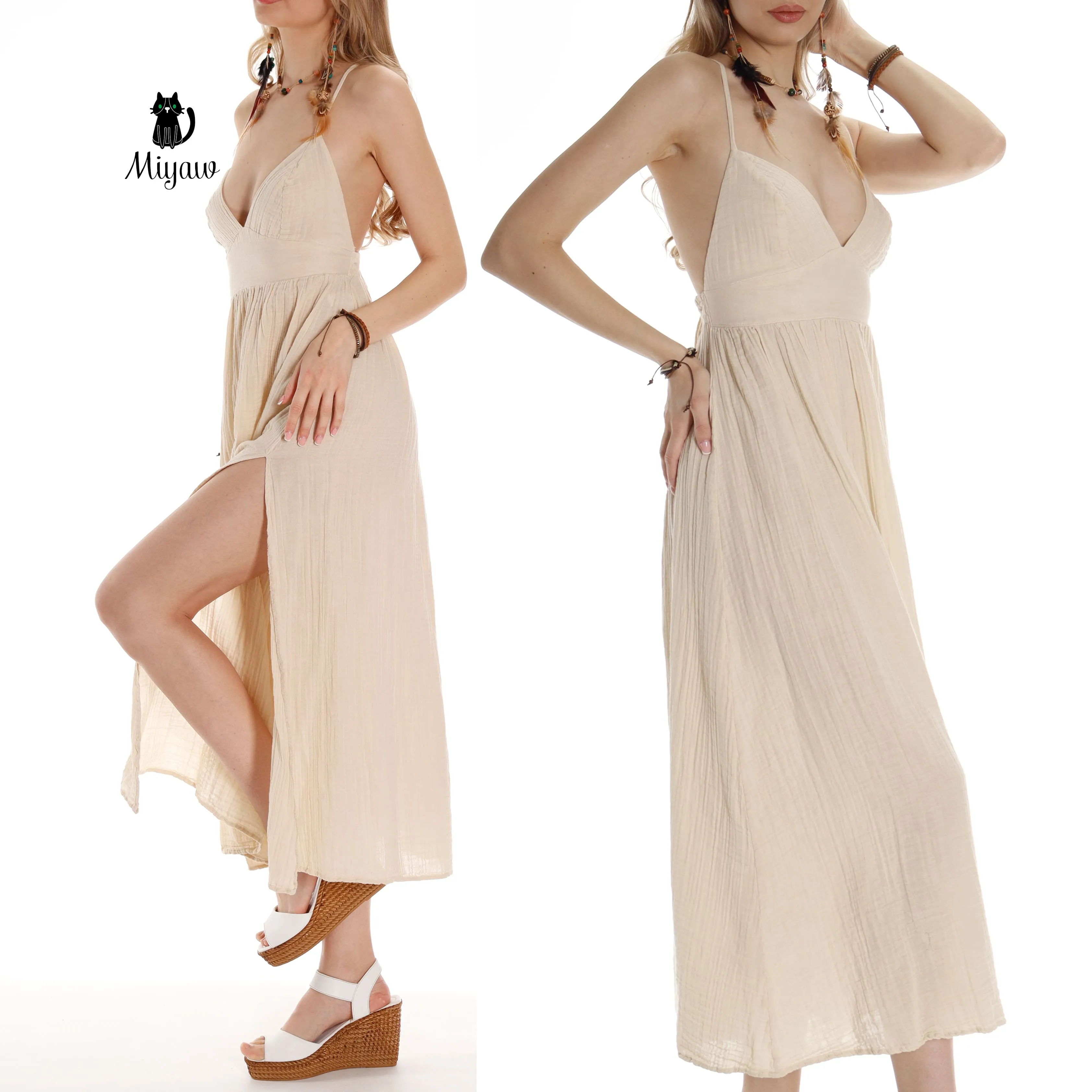 Cotton Boho Maxi Dress with Open Back - Gift for Wife, Girlfriend sold by Miyaw Fashion