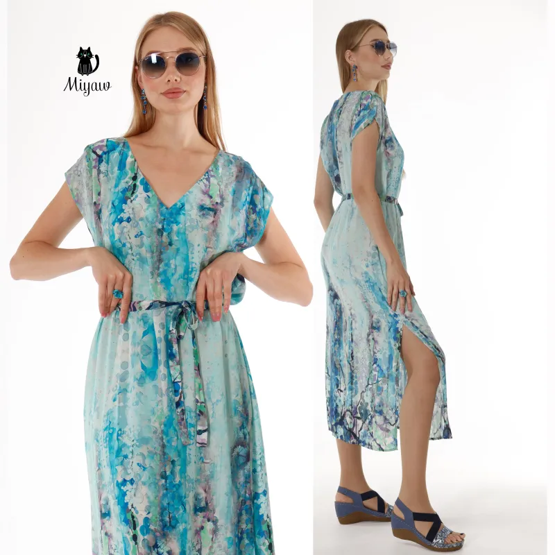 Blue Short Sleeve Maxi Dress - Abstract Print Summer Dress sold by Miyaw Fashion