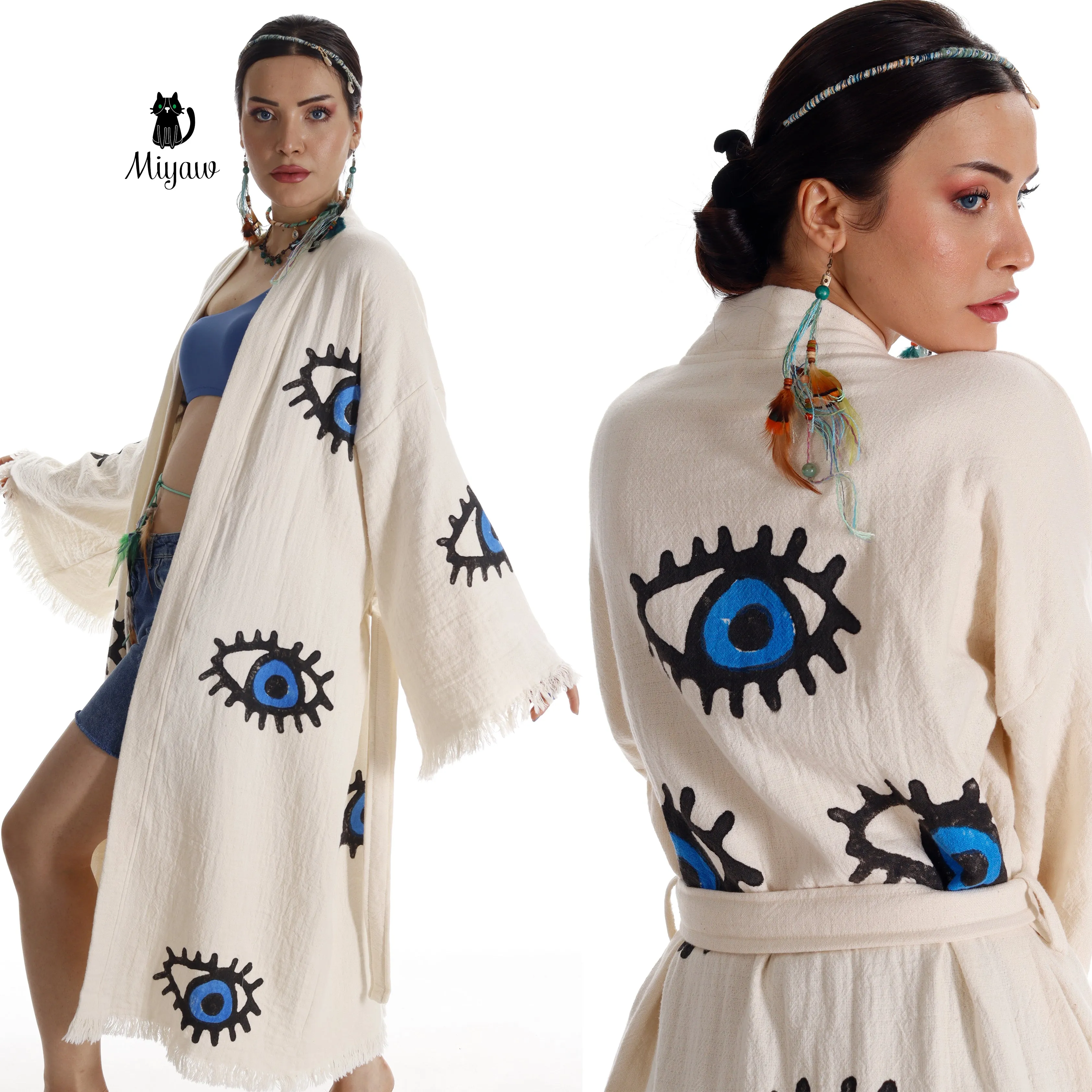 Organic Cotton Beach Kimono: Handmade Robe for Eco-Conscious Relaxation sold by Miyaw Fashion