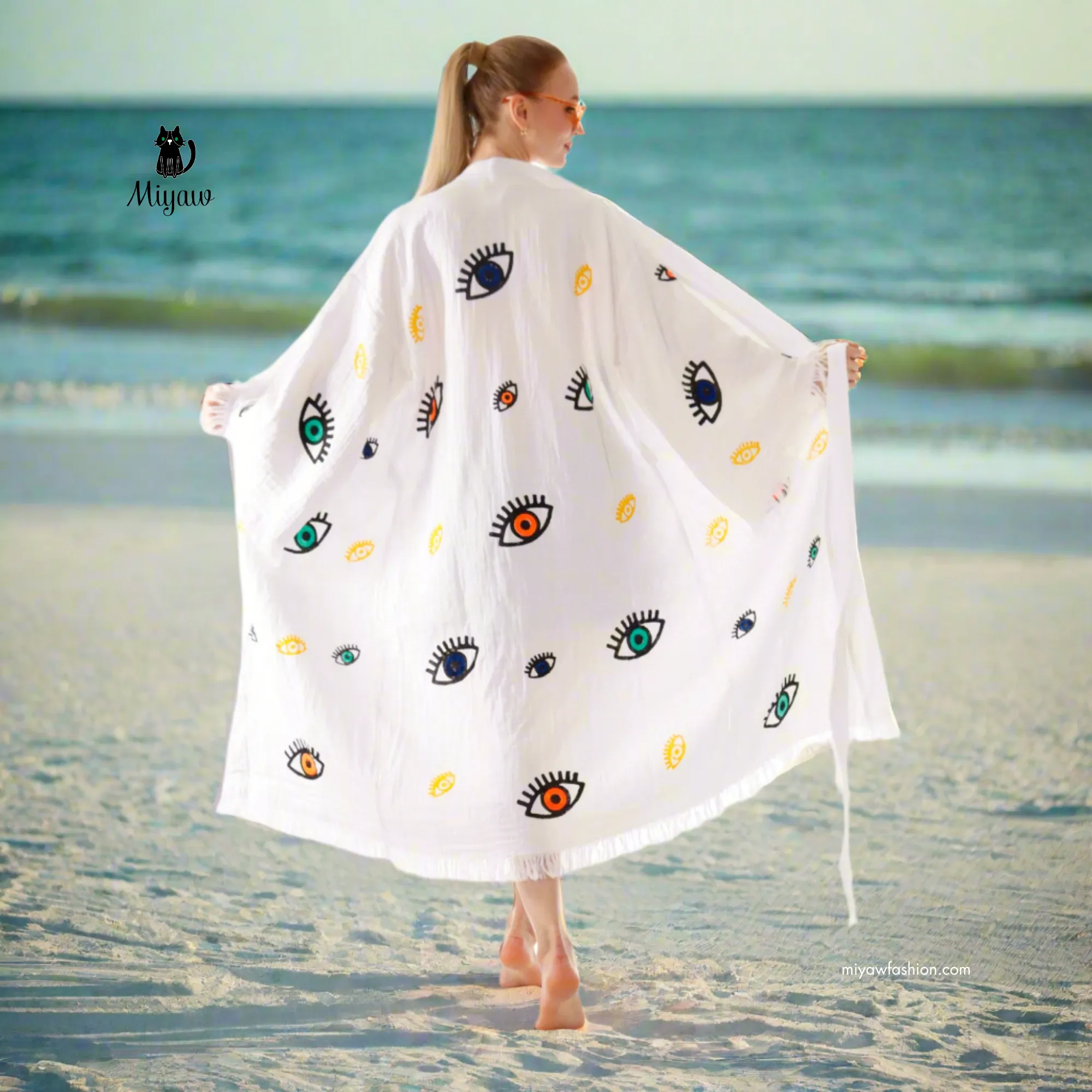 White Boho Evil Eye Kimono – Lightweight Cotton Summer Robe sold by Miyaw Fashion product image thumbnail 2
