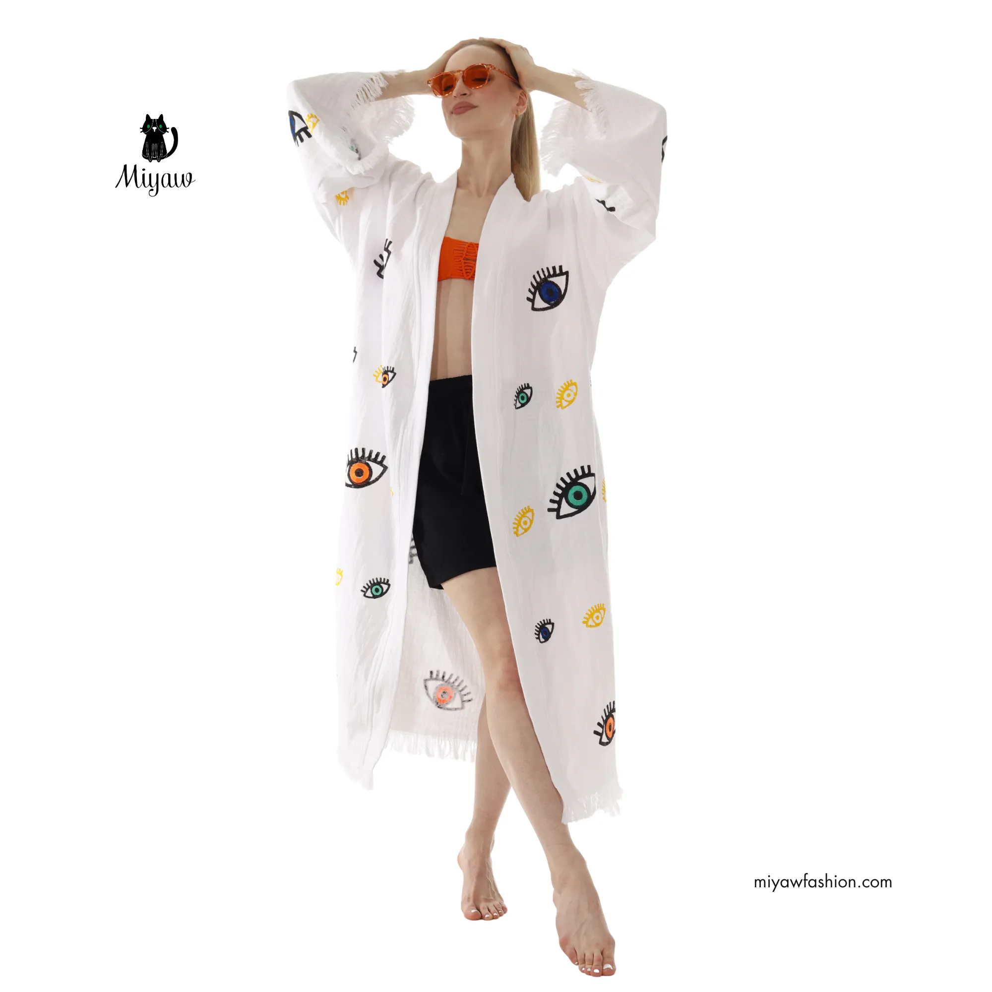 White Boho Evil Eye Kimono – Lightweight Cotton Summer Robe sold by Miyaw Fashion product image thumbnail 4