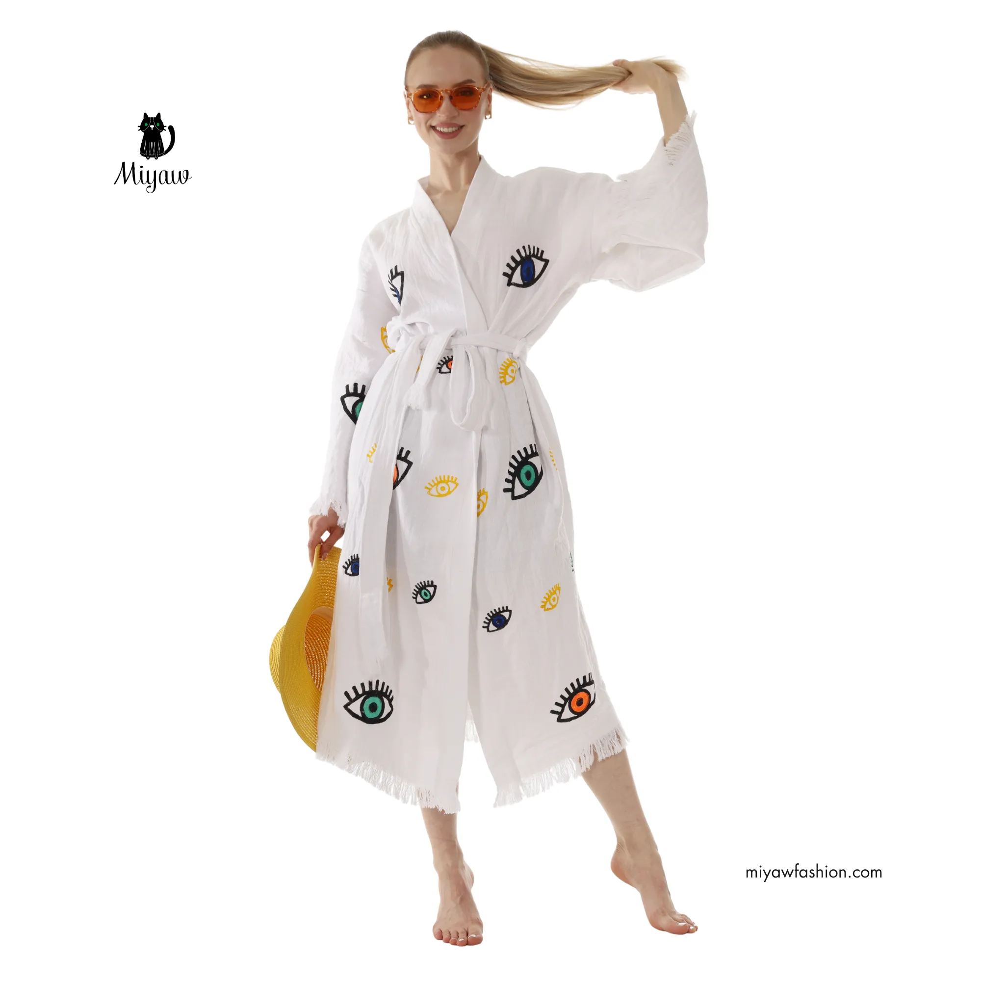 White Boho Evil Eye Kimono – Lightweight Cotton Summer Robe sold by Miyaw Fashion product image thumbnail 3