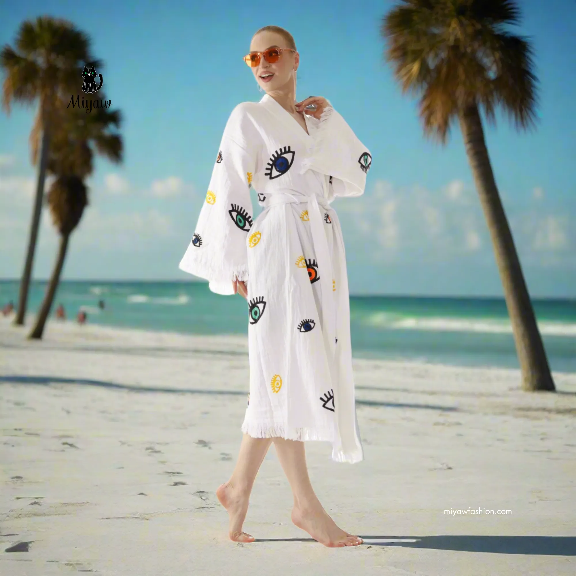 White Boho Evil Eye Kimono – Lightweight Cotton Summer Robe sold by Miyaw Fashion