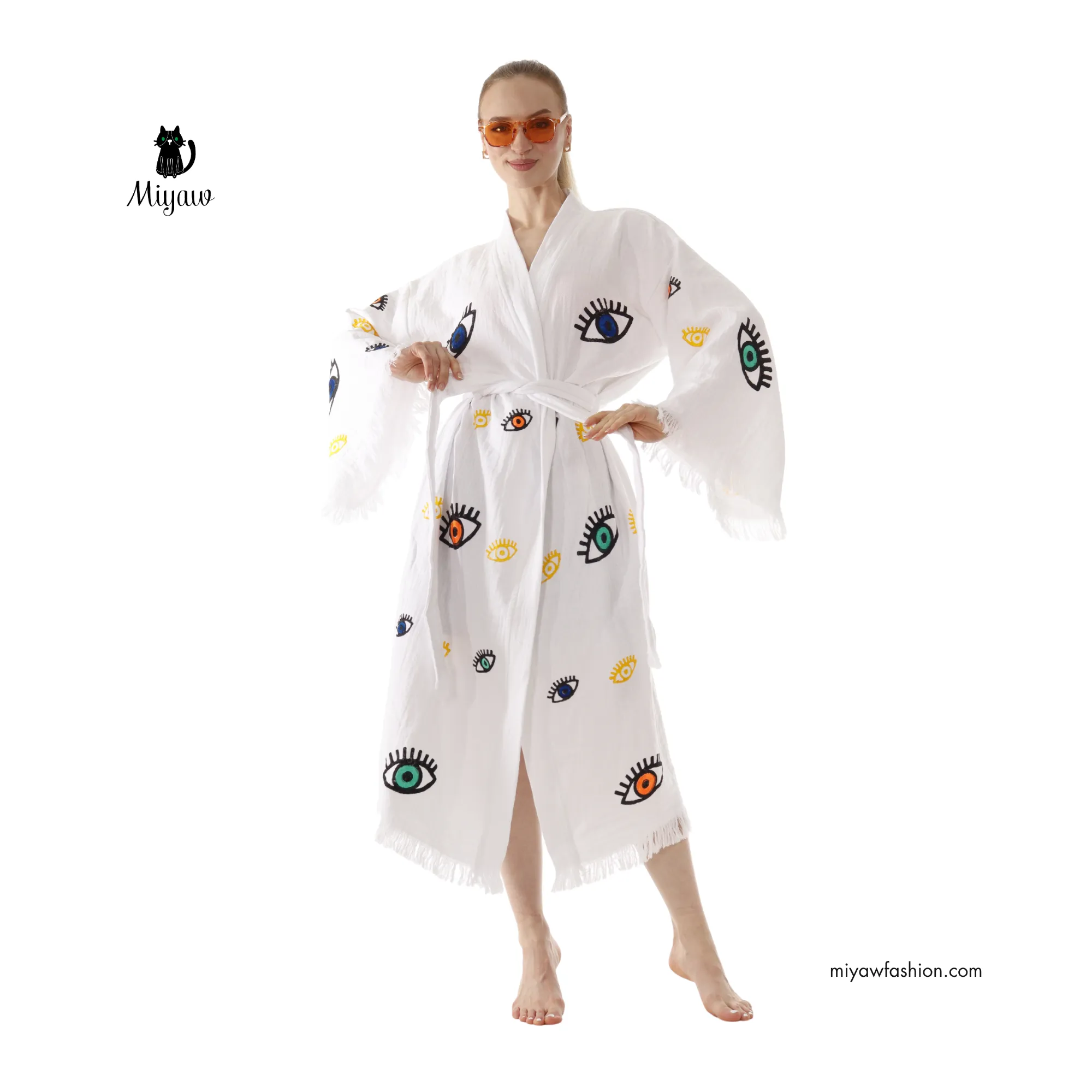 White Boho Evil Eye Kimono – Lightweight Cotton Summer Robe sold by Miyaw Fashion product image thumbnail 5
