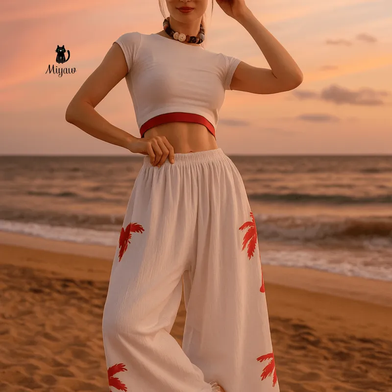 Wholesale Cotton Pants Yoga - Palm Tree Print Cotton Pants by Miyawfashion sold by Miyaw Fashion