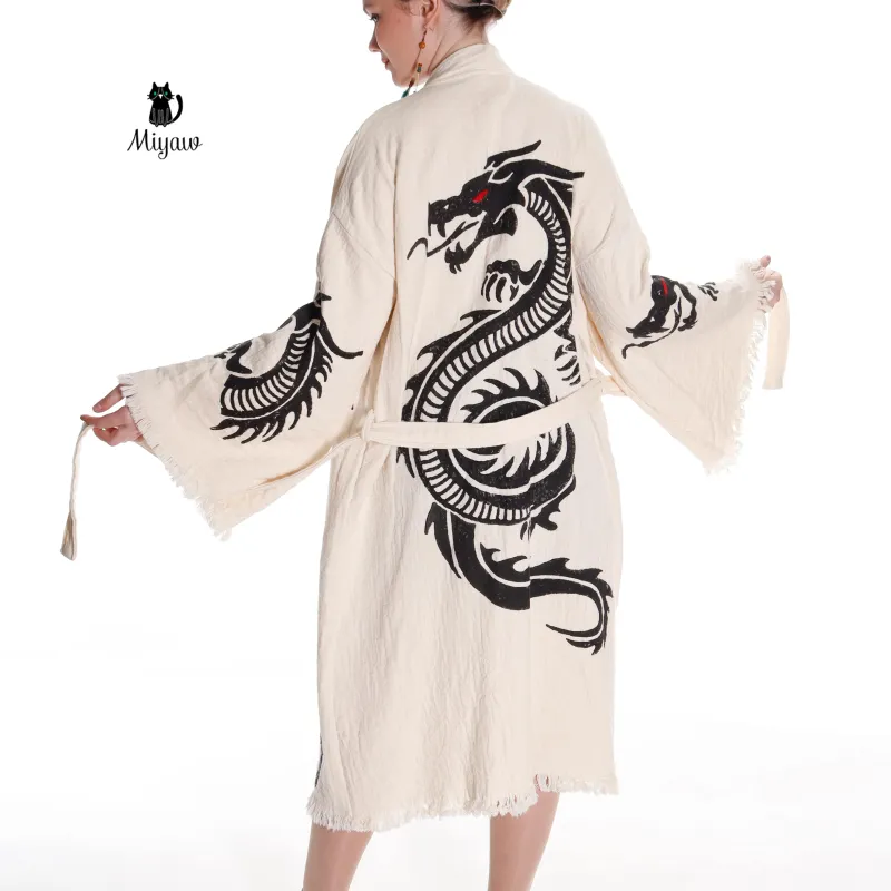 Boho Cotton Bath Robe – Organic Cotton Kimono Robe for Women, Dragon Gown & Beach Cover Ups made by Miyaw Fashion