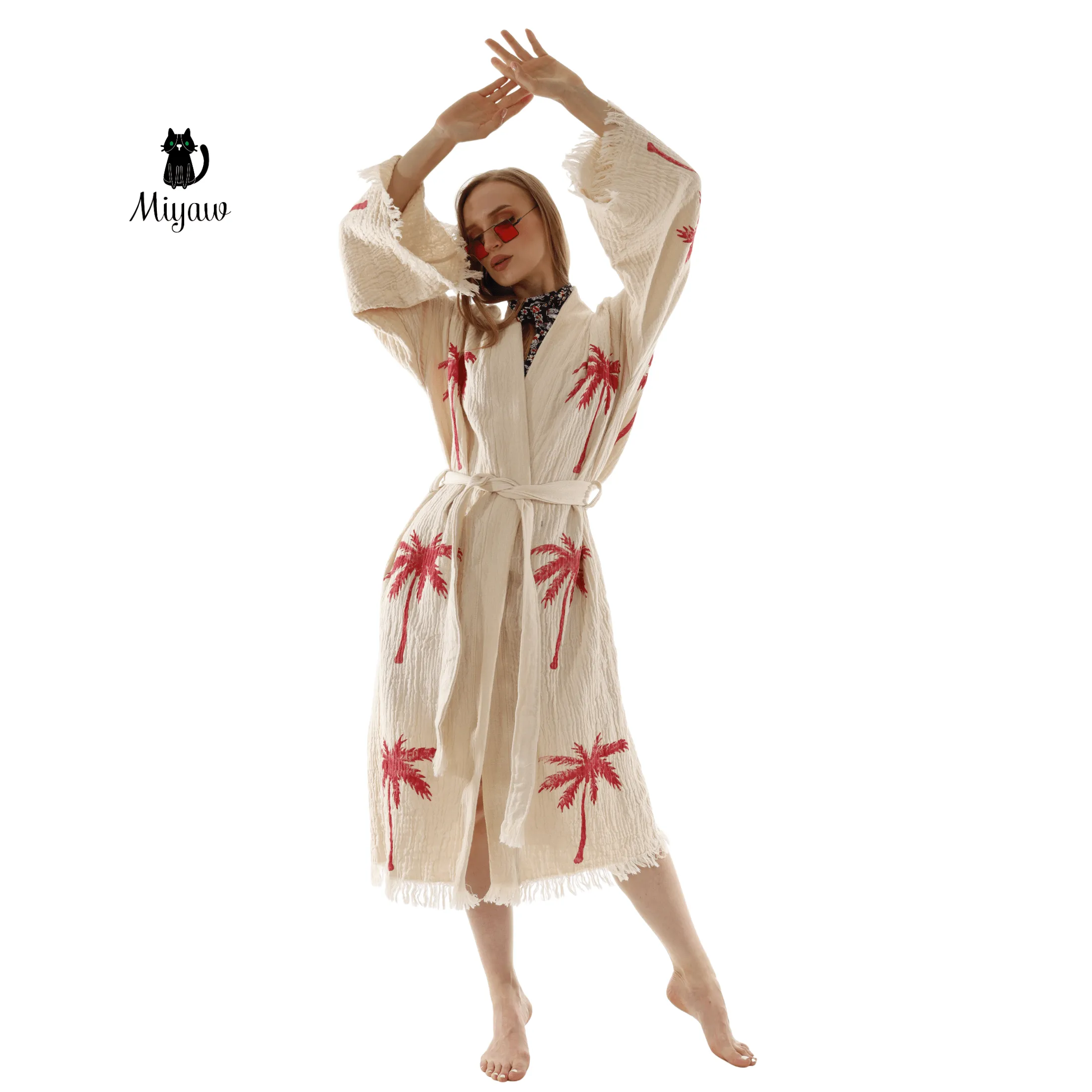 Red Palm Tree Kimonos – Soft Cotton Kimono Robe for Effortless Style sold by Miyaw Fashion product image thumbnail 5