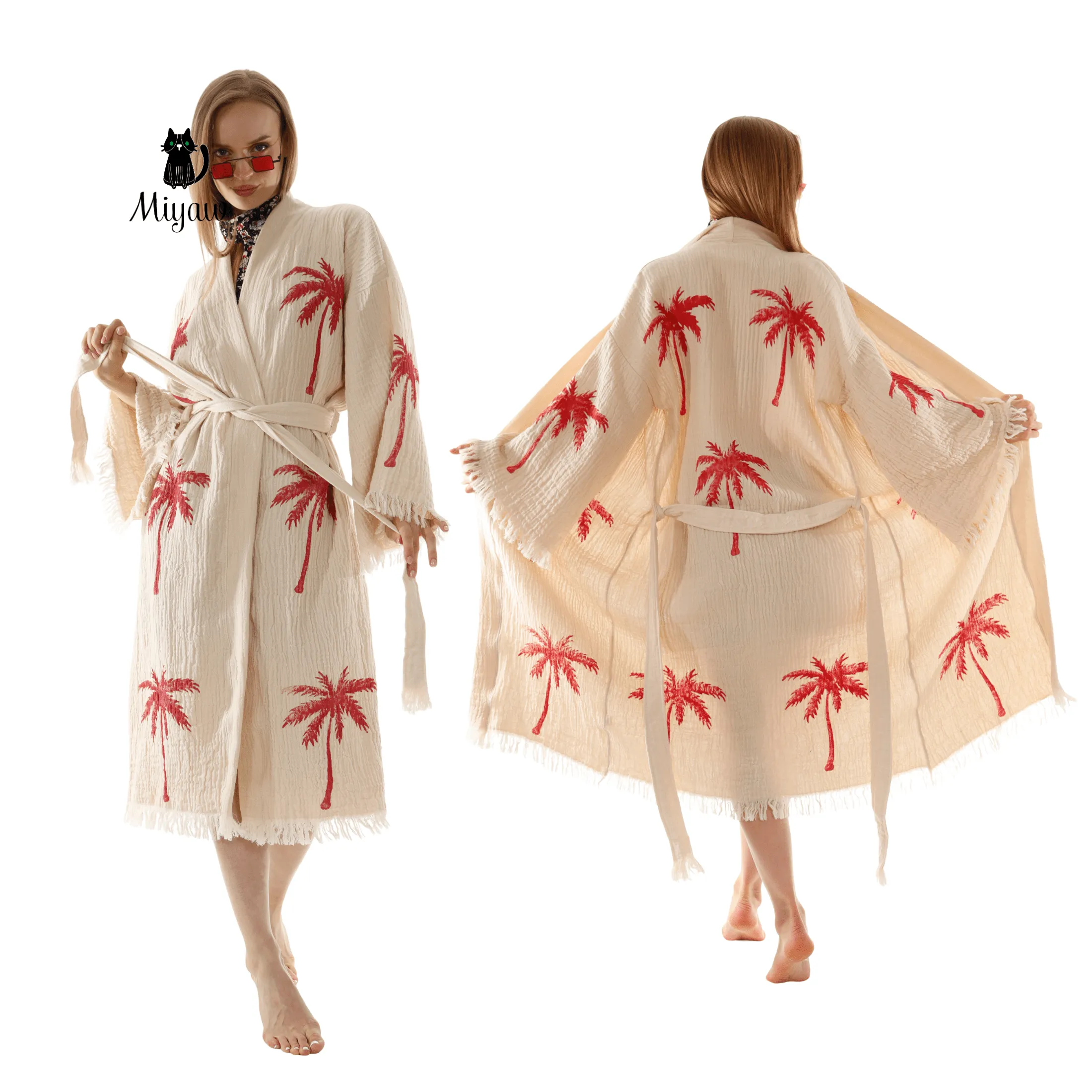 Red Palm Tree Kimonos – Soft Cotton Kimono Robe for Effortless Style sold by Miyaw Fashion