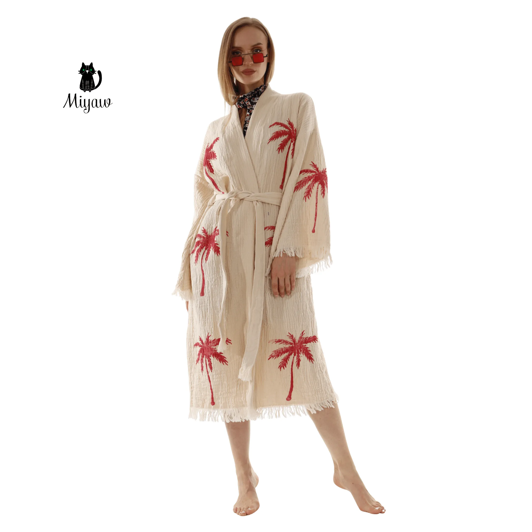 Red Palm Tree Kimonos – Soft Cotton Kimono Robe for Effortless Style sold by Miyaw Fashion product image thumbnail 3
