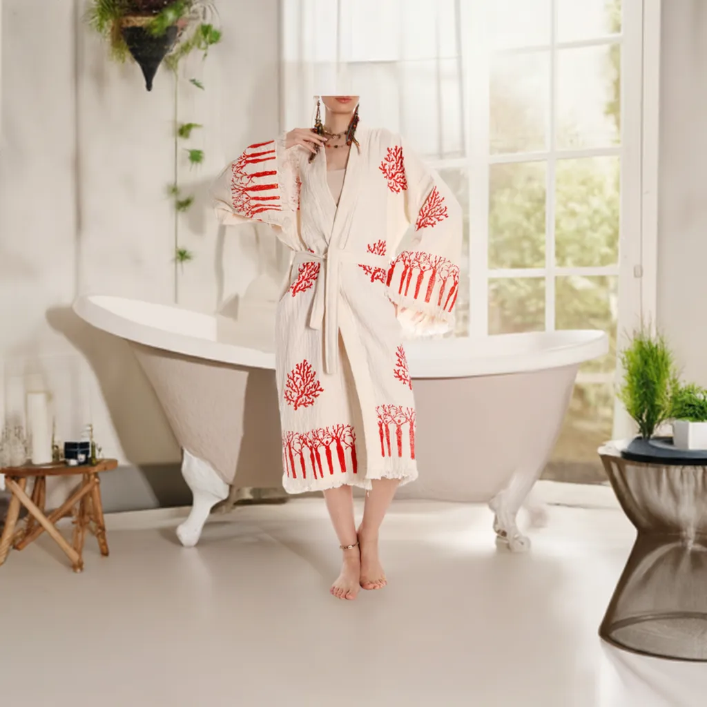 Boho Bathrobe: Handmade Tree & Coral Stamped - Unique Handcrafted sold by Miyaw Fashion product image thumbnail 2