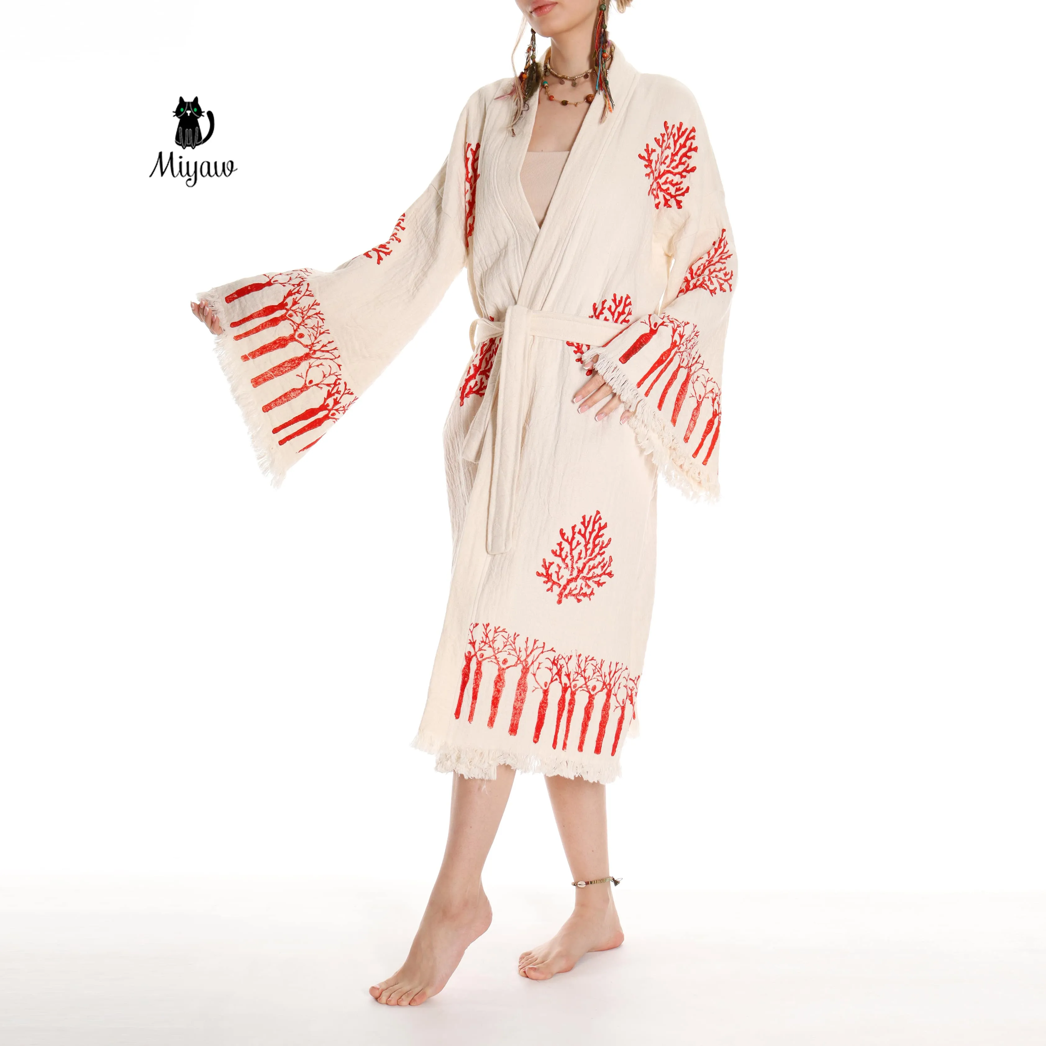 Boho Bathrobe: Handmade Tree & Coral Stamped - Unique Handcrafted sold by Miyaw Fashion product image thumbnail 4