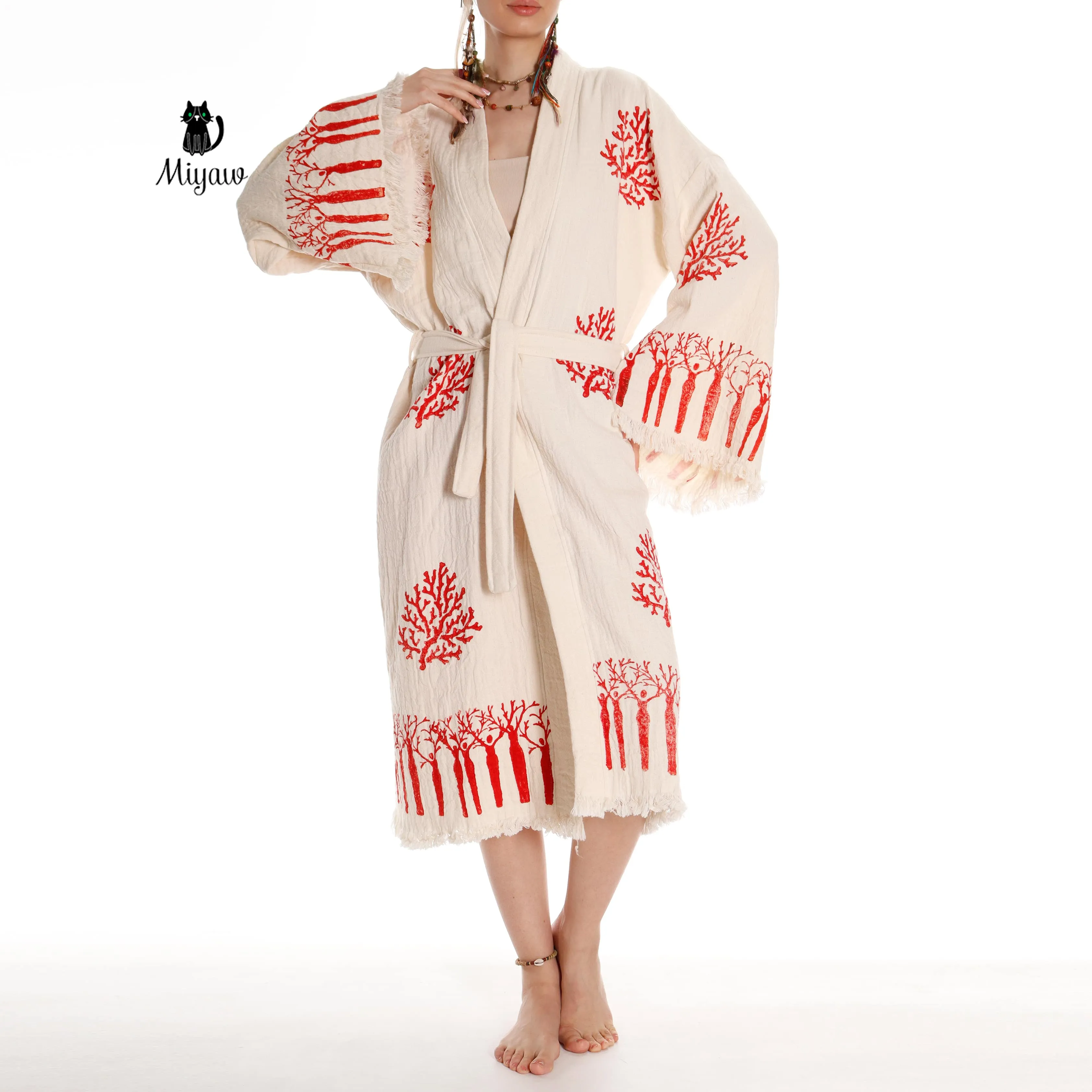 Boho Bathrobe: Handmade Tree & Coral Stamped - Unique Handcrafted sold by Miyaw Fashion