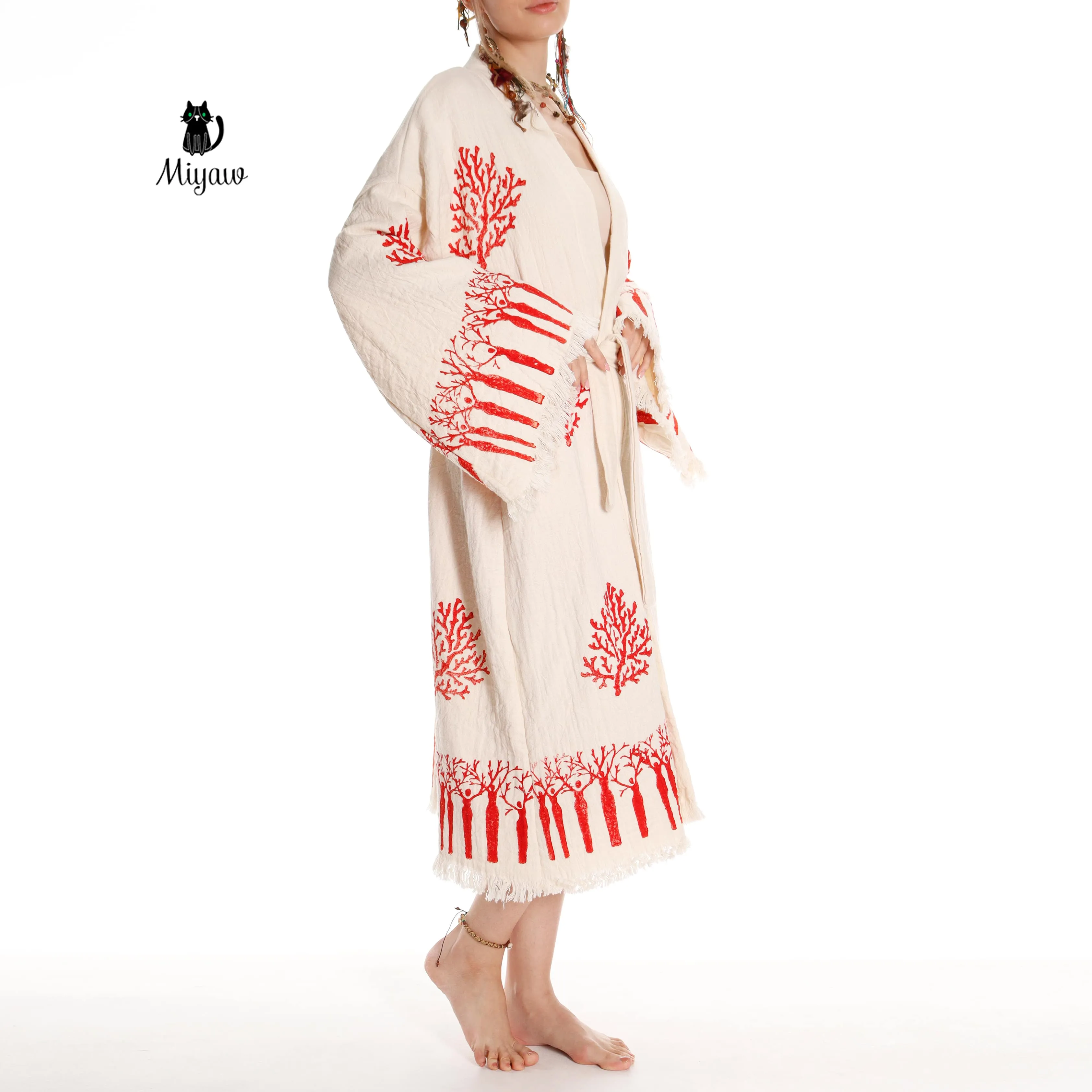 Boho Bathrobe: Handmade Tree & Coral Stamped - Unique Handcrafted sold by Miyaw Fashion product image thumbnail 5