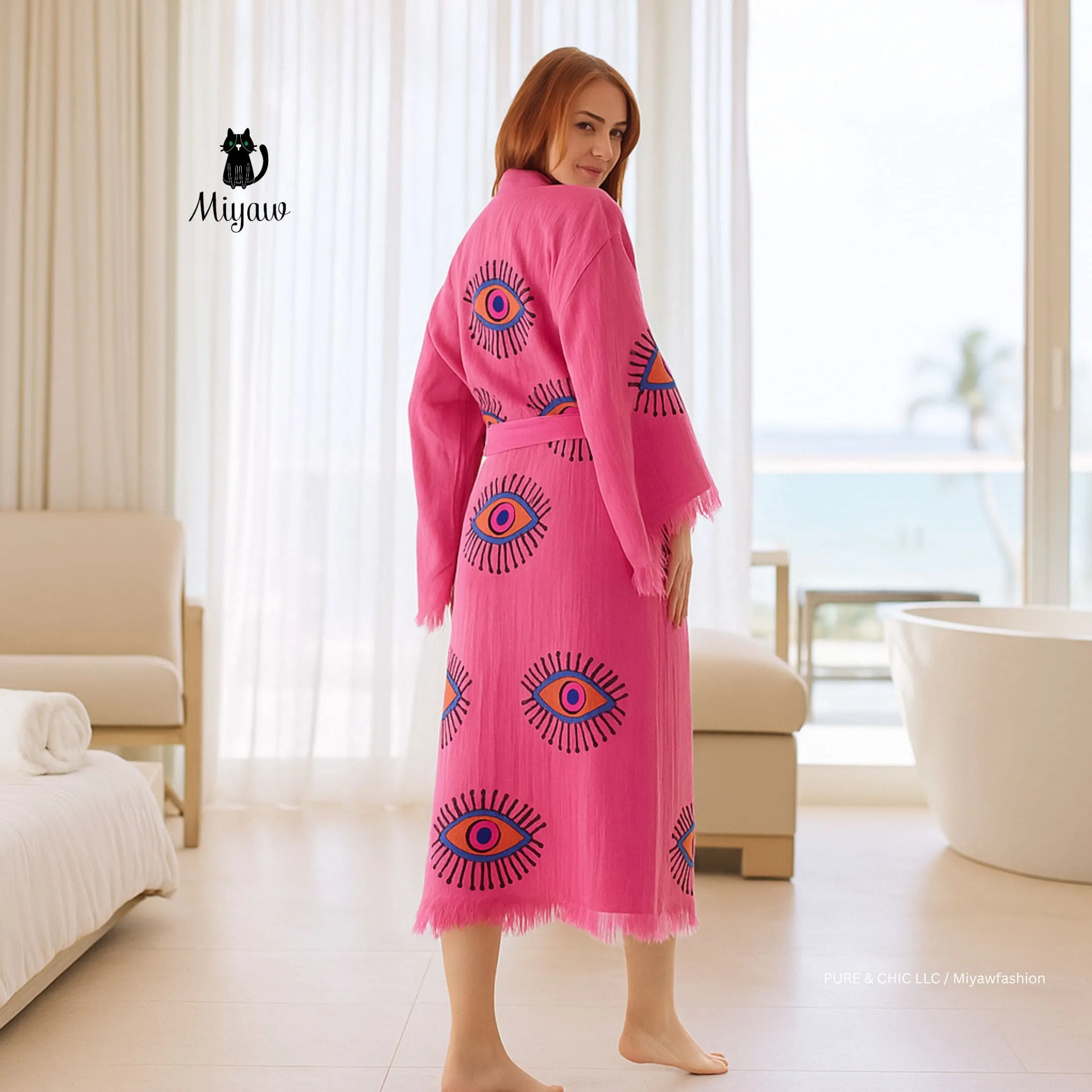 Pink Evil Eye Cotton Bathrobe – Boho Protective Kimono Robe sold by Miyaw Fashion
