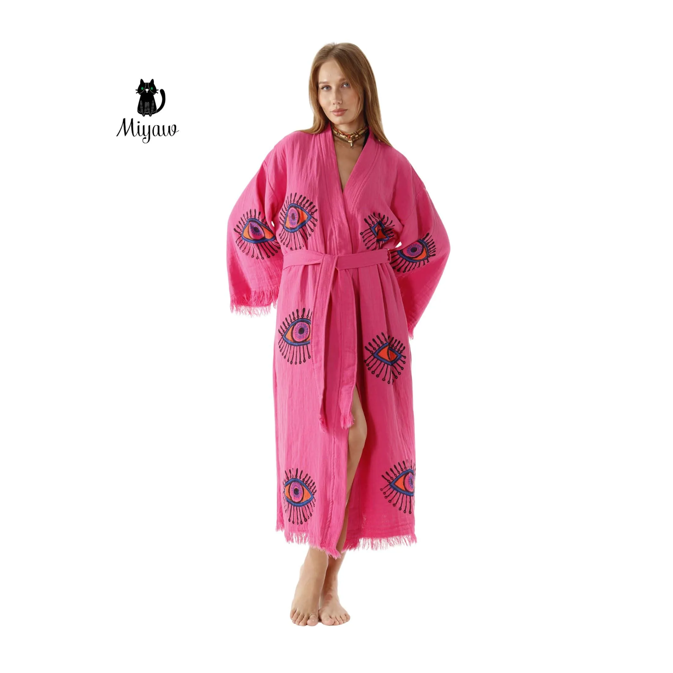 Pink Evil Eye Cotton Bathrobe – Boho Protective Kimono Robe sold by Miyaw Fashion product image thumbnail 5