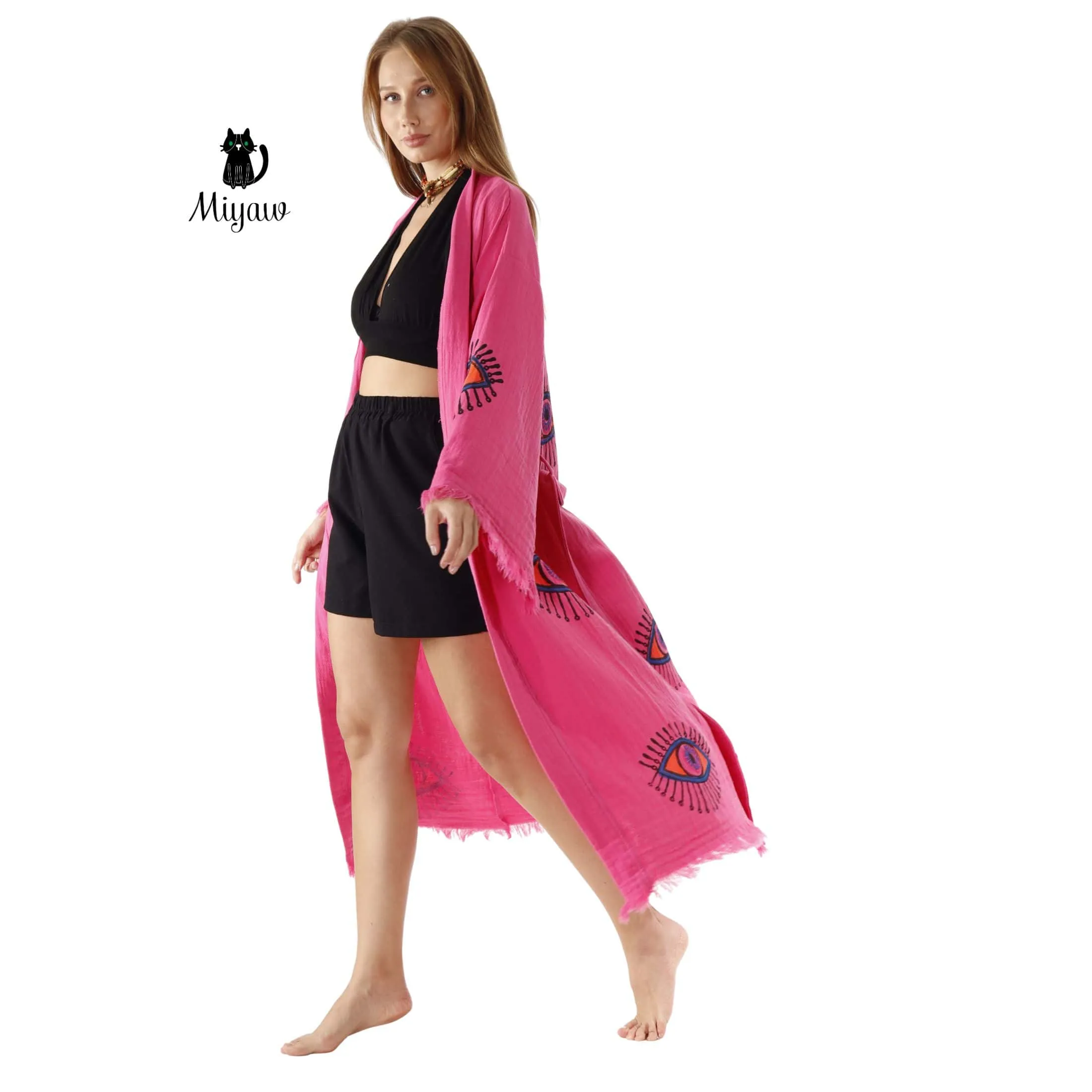 Pink Evil Eye Cotton Bathrobe – Boho Protective Kimono Robe sold by Miyaw Fashion product image thumbnail 2