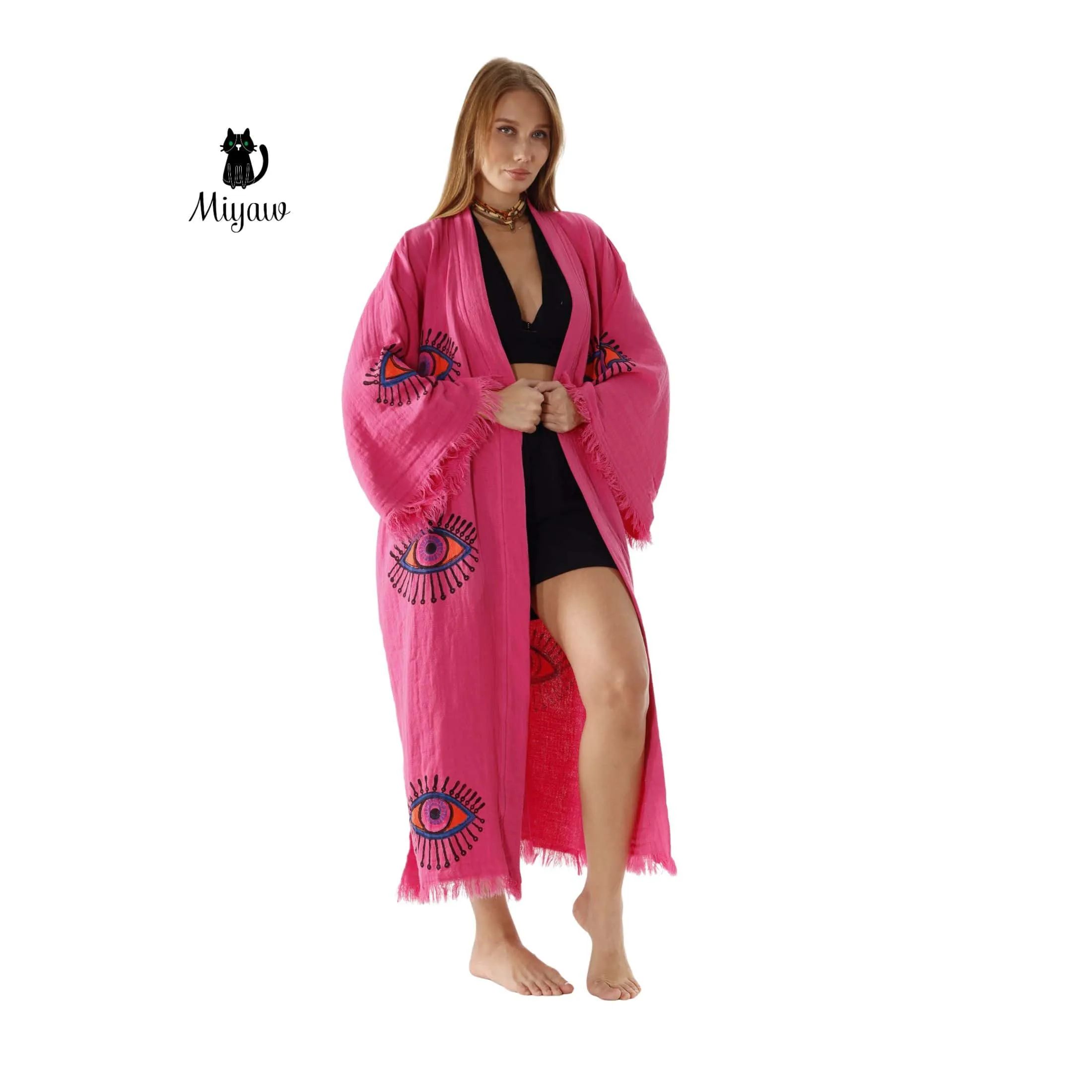 Pink Evil Eye Cotton Bathrobe – Boho Protective Kimono Robe sold by Miyaw Fashion product image thumbnail 3