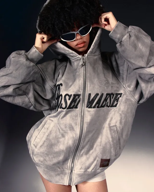Washed Script Zip Hoodie - Grey made by ROSEMA.ESE
