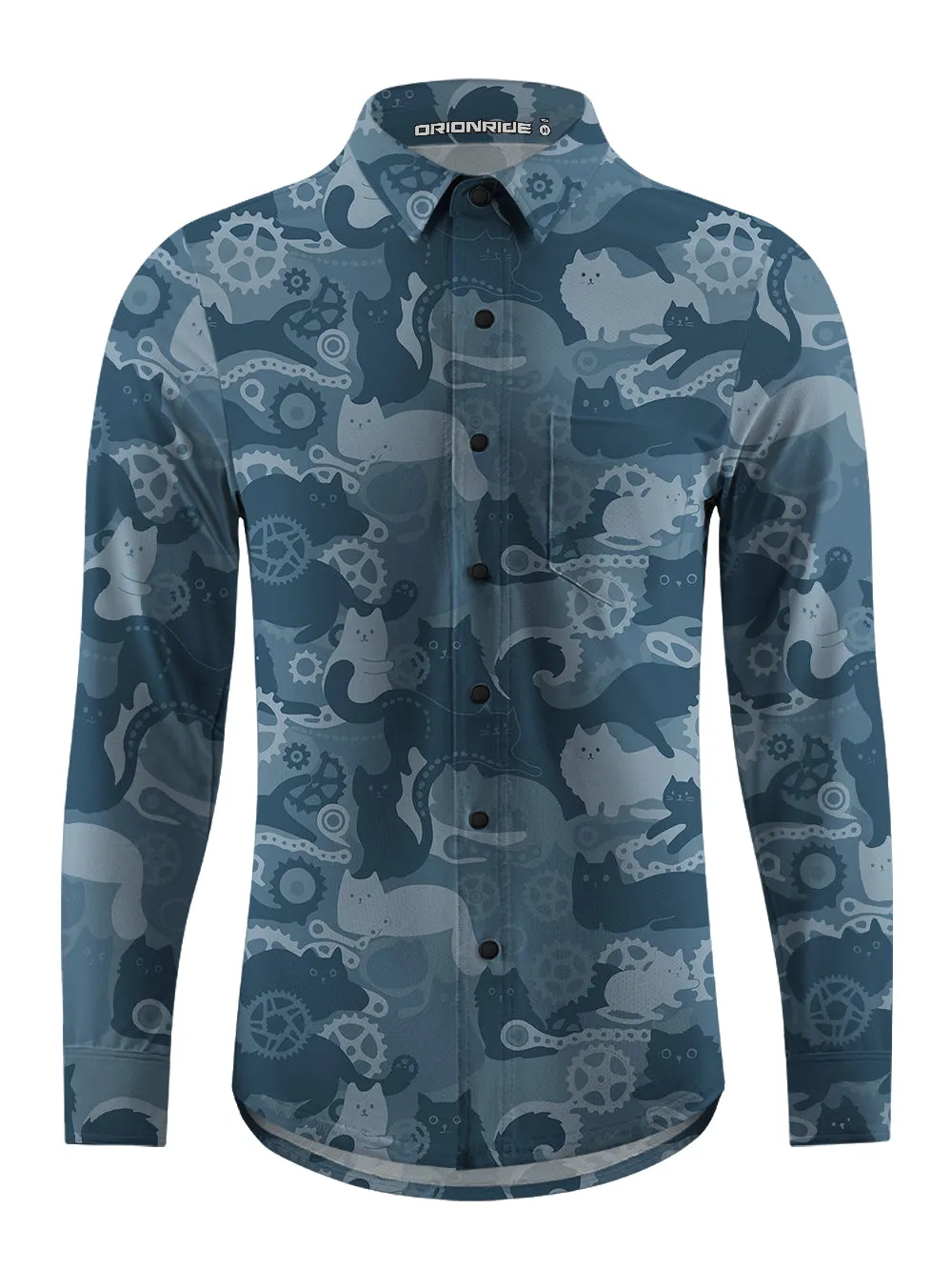 Orionride Cat Playing With Gears Men's Stretchy Breathable Long Sleeve Gravel Shirt sold by Orionride